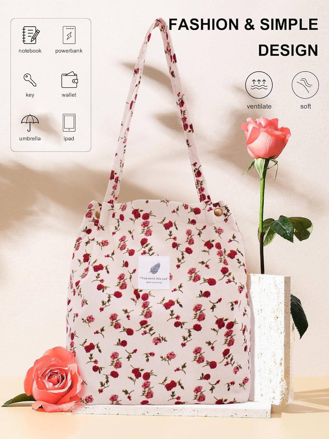 TeeYee Corduroy Tote Bag Casual Handbags Crossbady Bag Large Capacity Shopping Shoulder Bags Work Purses Travel Satchel | Shopper bag, Snap fastener, Multipocket, Multi-pattern design - Image 7