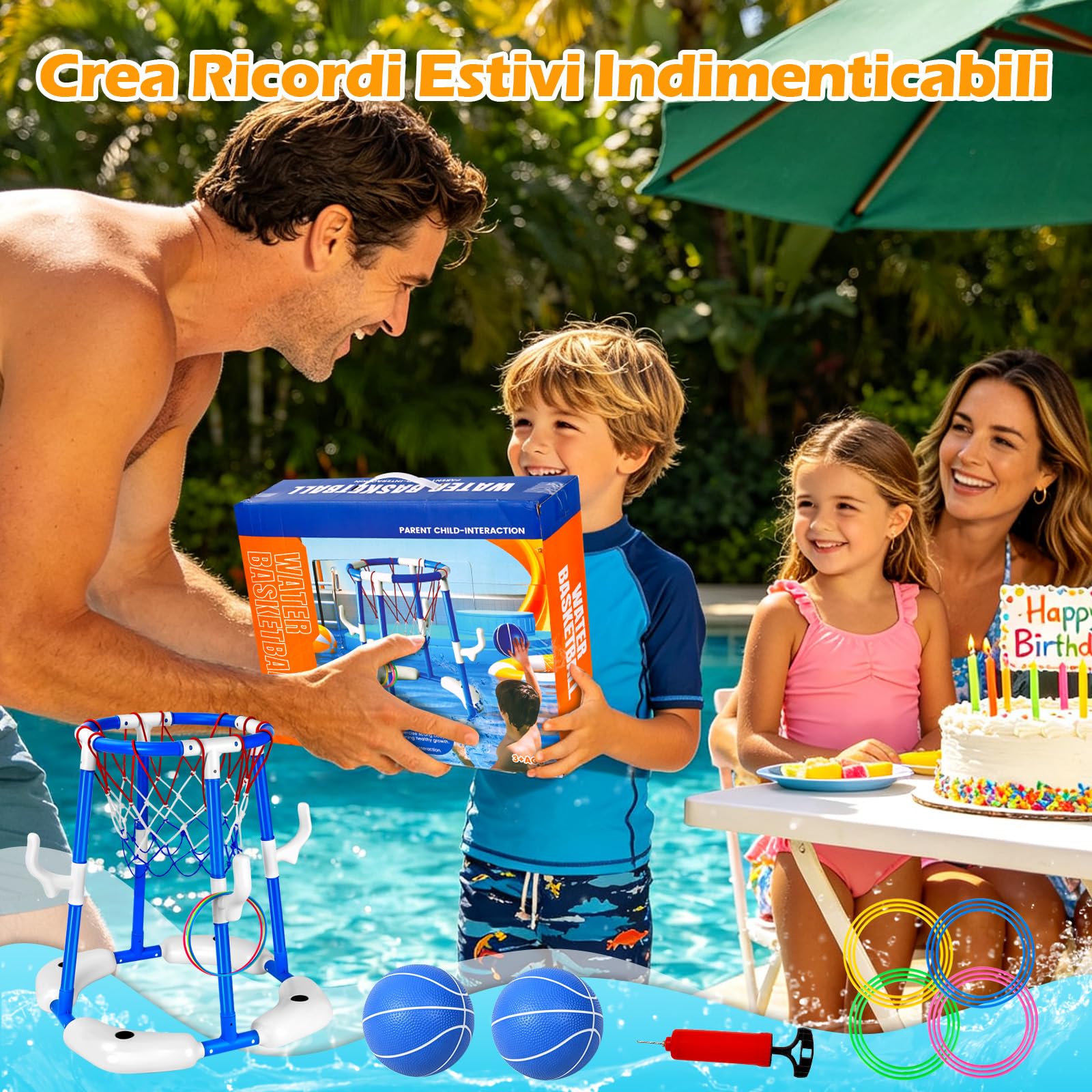 Canestro Basket Piscina, 2 in 1 Canestro da Basket Galleggiante per Piscina, Pool Basketball con 2 Palline, 12 Anelli e Pompa, Giochi Acquatici per Feste in Estive per Bambini e Adulti