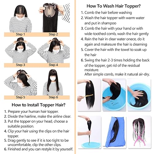 Miniatura 9 de isheeny Toppers de cabello humano de 10 pulgadas para mujer, con flequillo, color negro natural para mujer, con cabello fino y pérdida de cabello