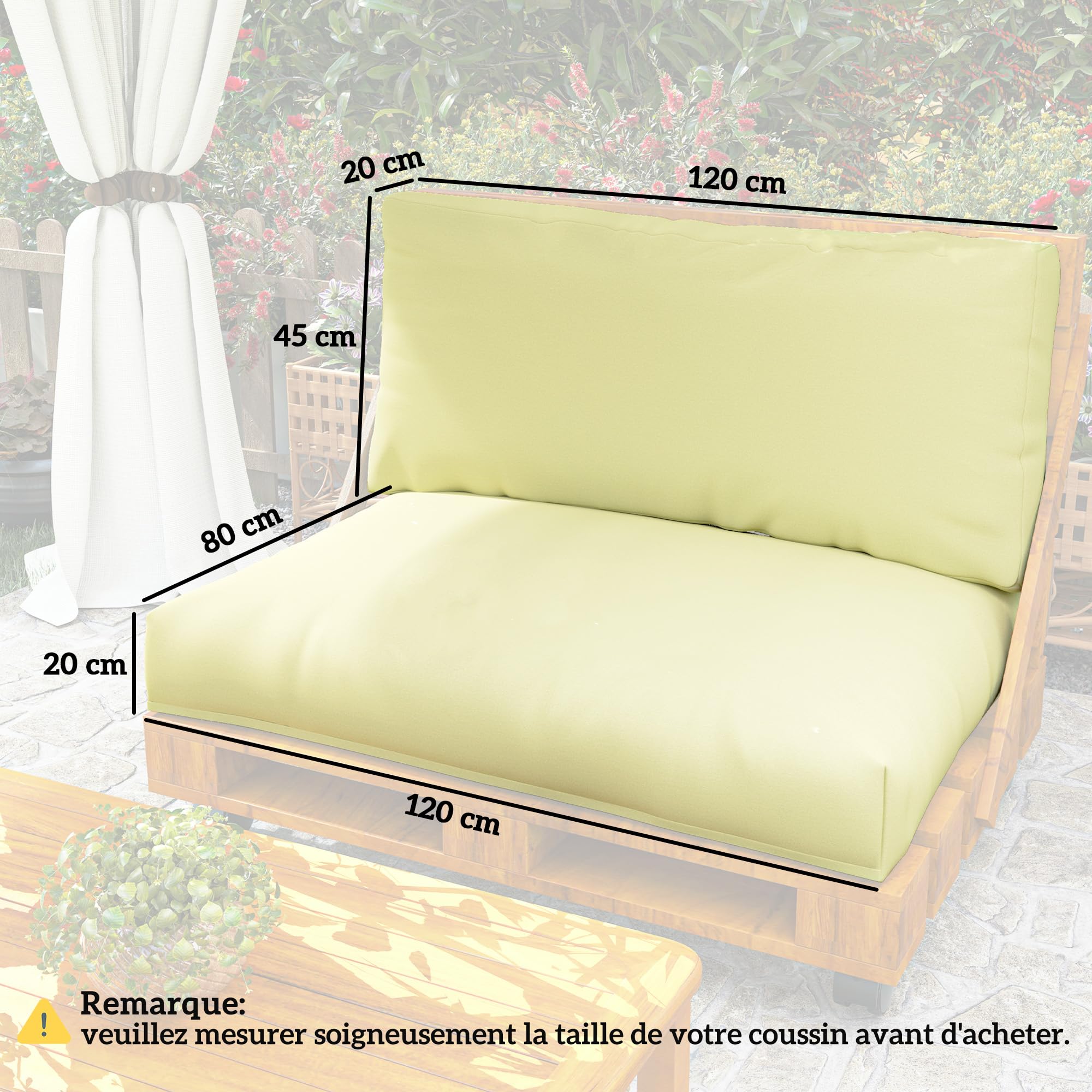 Outsunny Coussins de Palette extérieur 2 Places 2 Pièces UPF20+ Beige | Coussins de siège pour euro palette lavable, 120 x 80 cm et 120 x 45 cm, Épais de 20 cm