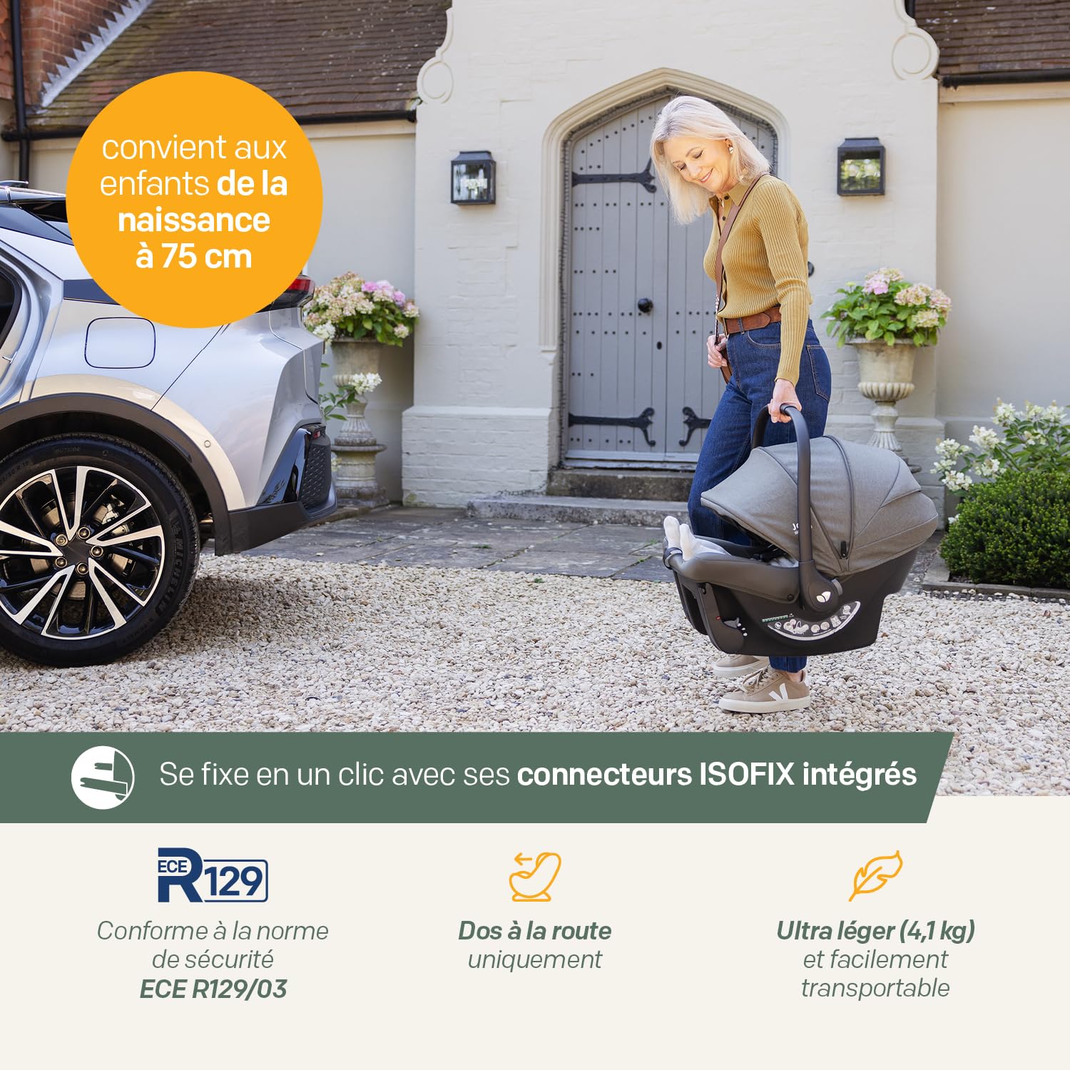 JOIE – SPRINT R129 – Coque bébé naissance à 75 cm – Isofix intégré pour installation sans base, dos route – Capote UPF50+ – Compatible poussette JOIE – Conforme ECE R129/03 – Coloris Eclipse