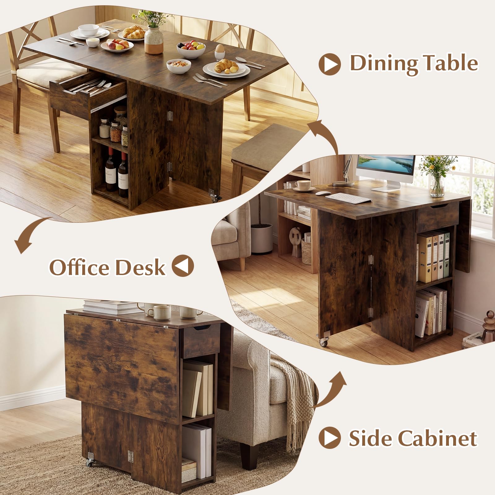 GIANTEX Tavolo da Pranzo Pieghevole, Mobile da Cucina con Ali Pieghevoli, 1 Cassetto e 2 Ripiani Aperti, per 2-4 Persone, Salvaspazio, 120 x 72 x 75 cm, Ideale per Sala e Cucina
