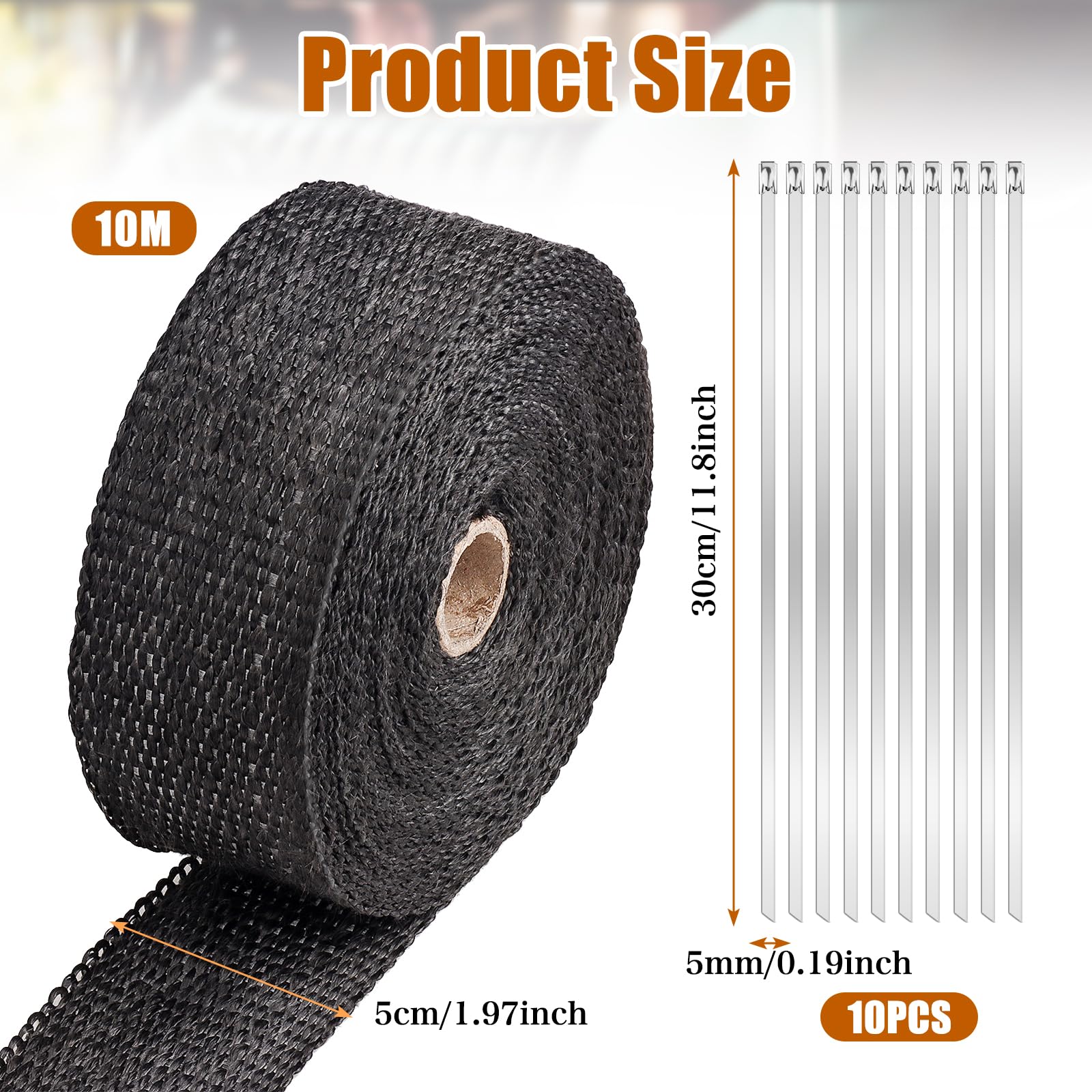 10M x 5CM Cinta Anticalorica Escape, Cinta de Escape Termica Moto Negro, Cinta Calorica Escape con 10 Bridas Inoxidable para Colectores de Escape de Moto y Coches También