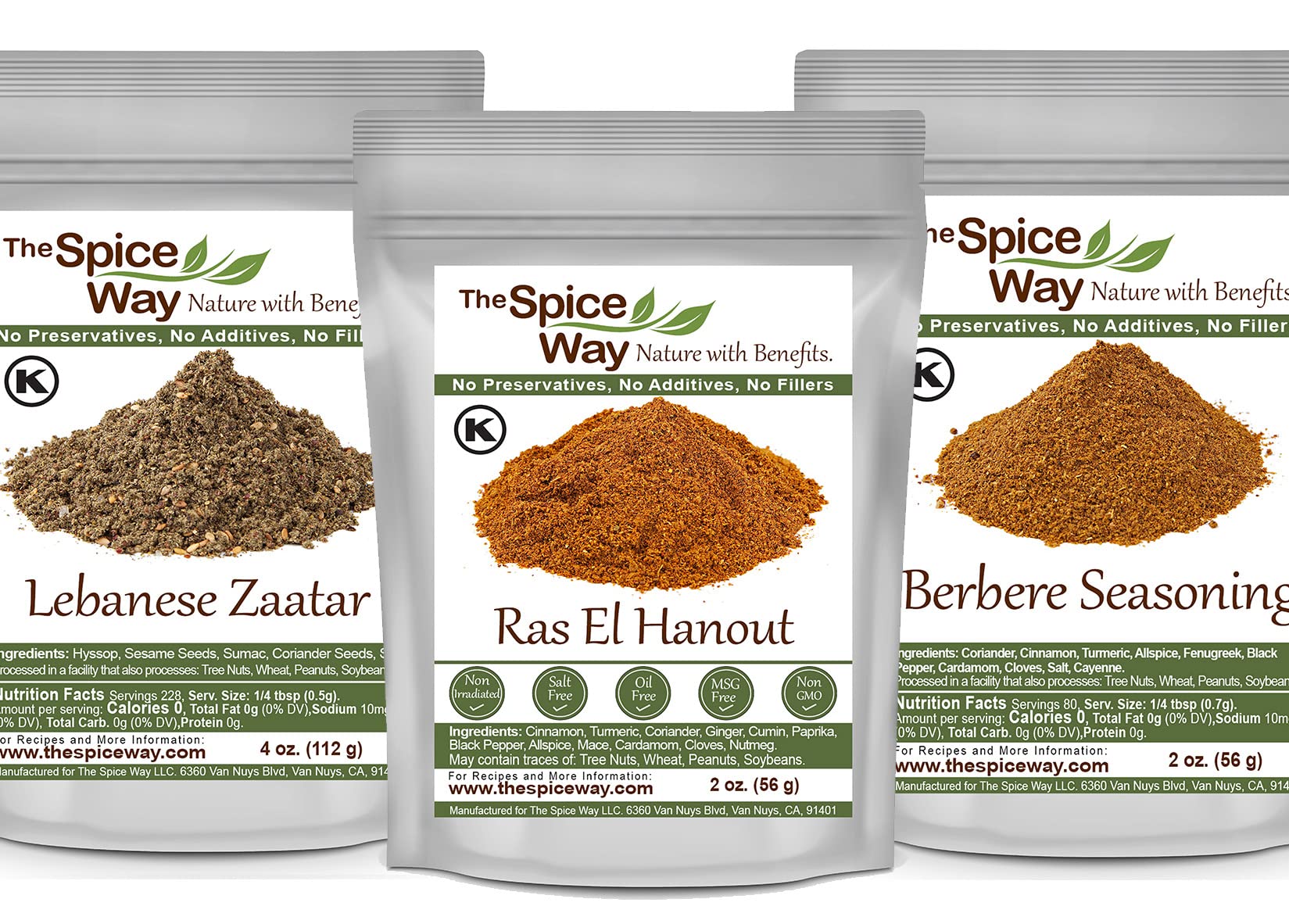 The Spice Way Ras El Hanout 2 oz, Lebanese Zaatar 4 oz and Berbere Seasoning 2 oz