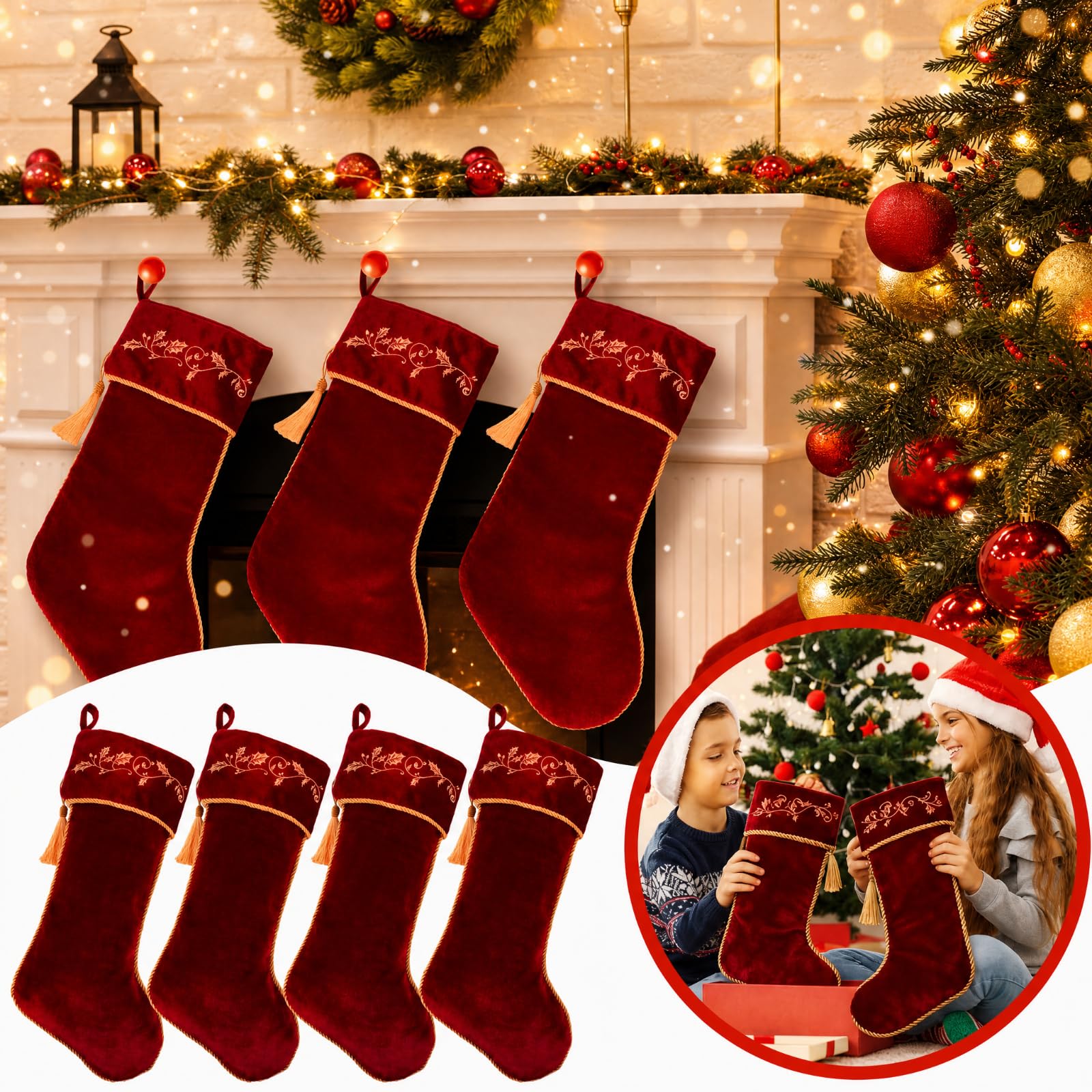 Kinlop 4 Stück 45,7 cm große rote Weihnachtsstrümpfe, Stechpalme, bestickt, Samt, Weihnachtsstrumpf, hängende dekorative Strümpfe, für Weihnachten, Familie, Kamin, Urlaub, Party-Dekorationen (Weinrot)