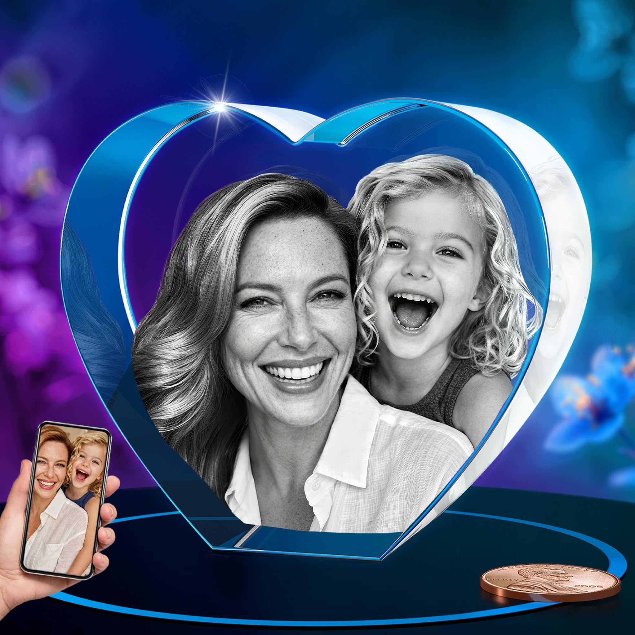 ArtPix 3D Crystal heart with a photo inside on a light base