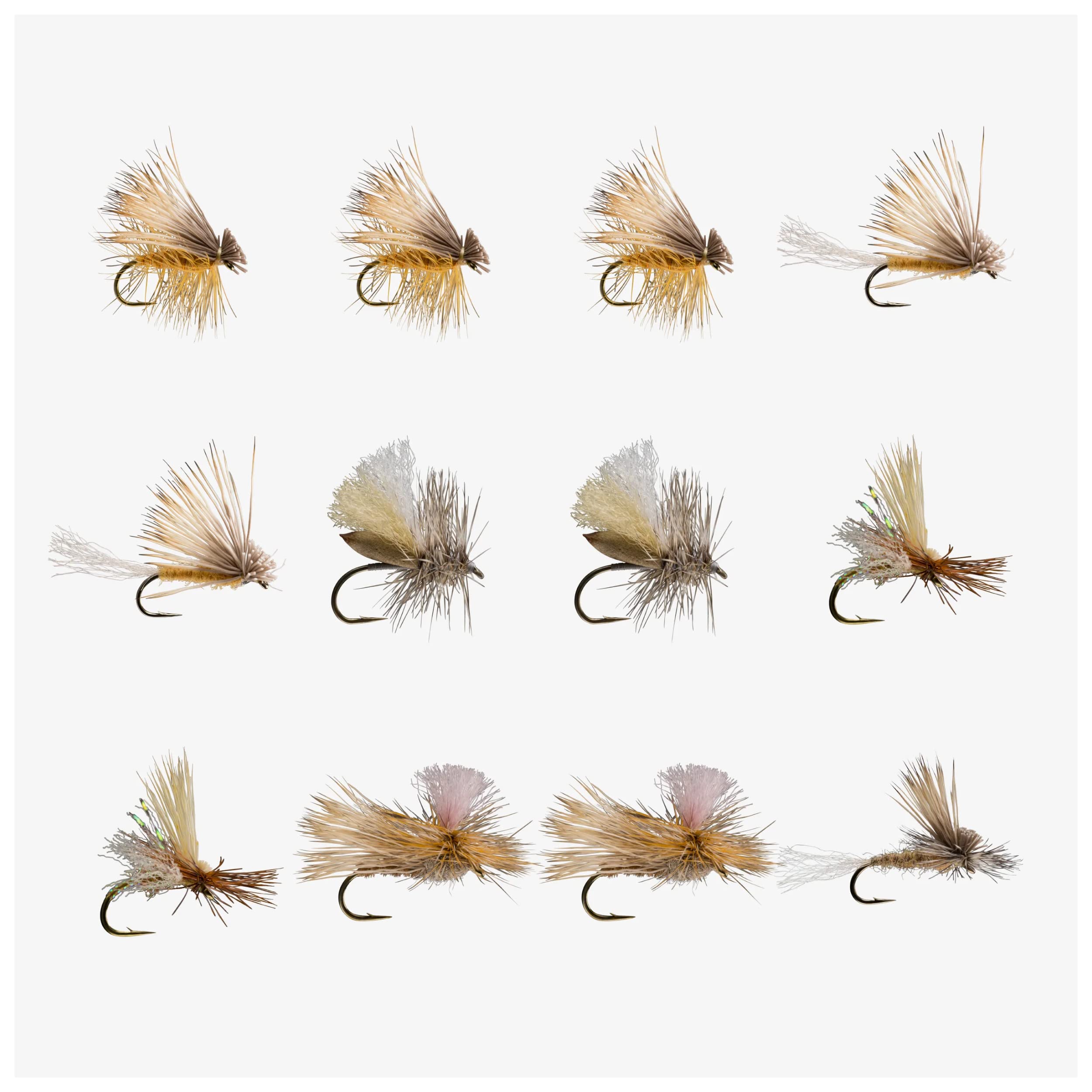 RIO Products Fly Fishing Flies Kit Assortment for Freshwater Fishing, Signature Flies for Trout, Bass, and Salmon, 7/11/12/13/15/20pcs (Tan Caddis Dry (12pc))