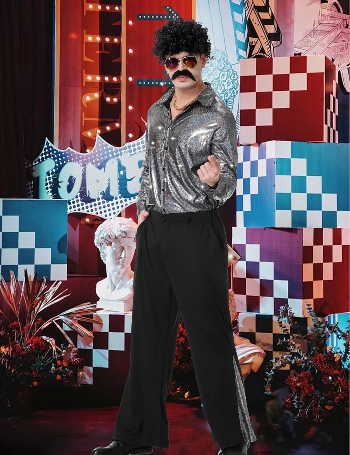 70s Disco Outfit for Men 70s Disco Costume with Satin Shirt Bell Bottom Pants Wigs Mustache Necklace Sunglasses for Party - Image 7