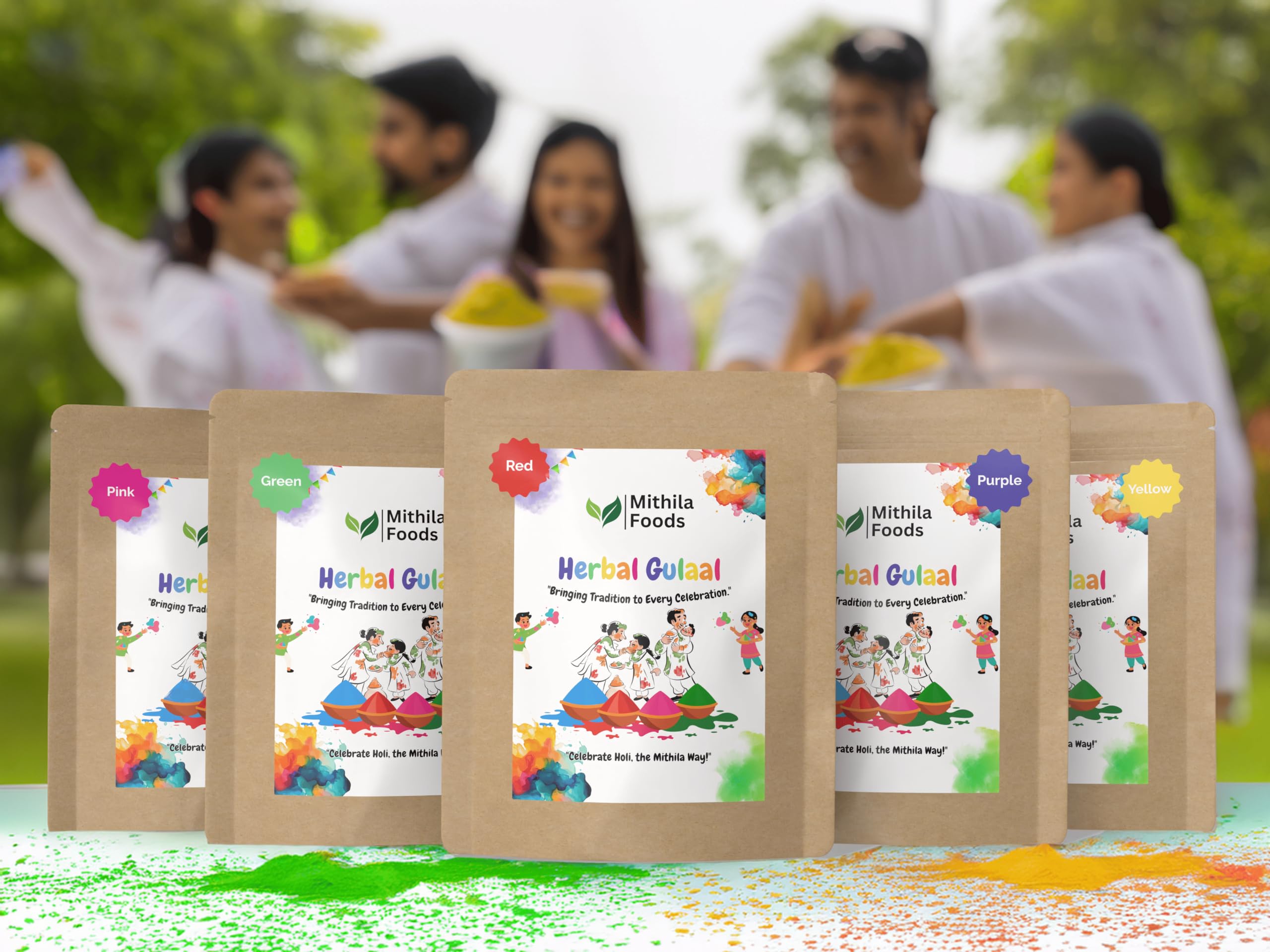 MITHILA FOODS 500g Herbal Gulal Holi Colours | 100% Natural Colours for Holi | Pack of 5 (5 x 100g) | Skin-Safe, Non-Toxic, Gentle on Skin, Easy-Wash, Safe Holi Colours (Red, Yellow, Green, Purple, Pink) 2
