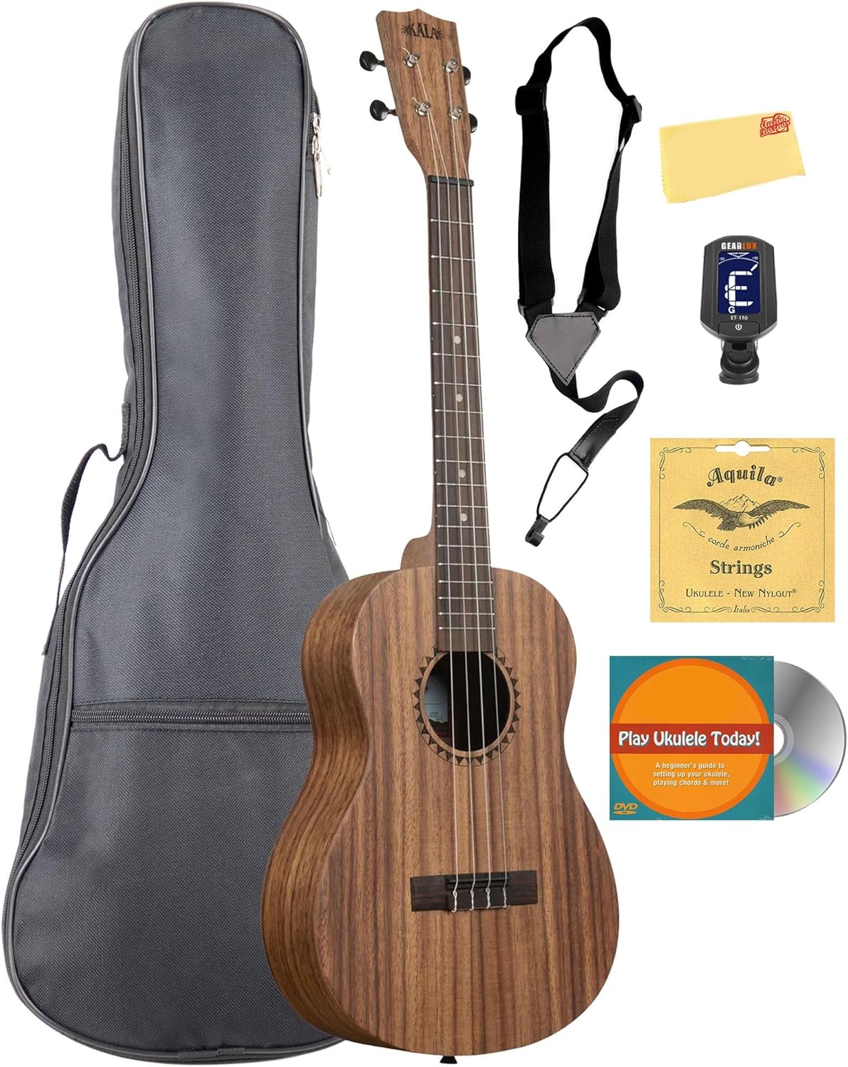 Kala KA-TEAK-B Teak Baritone Ukulele - Natural Bundle with Gig Bag, Tuner, Strap, Strings, Austin Bazaar Instructional DVD, and Polishing Cloth