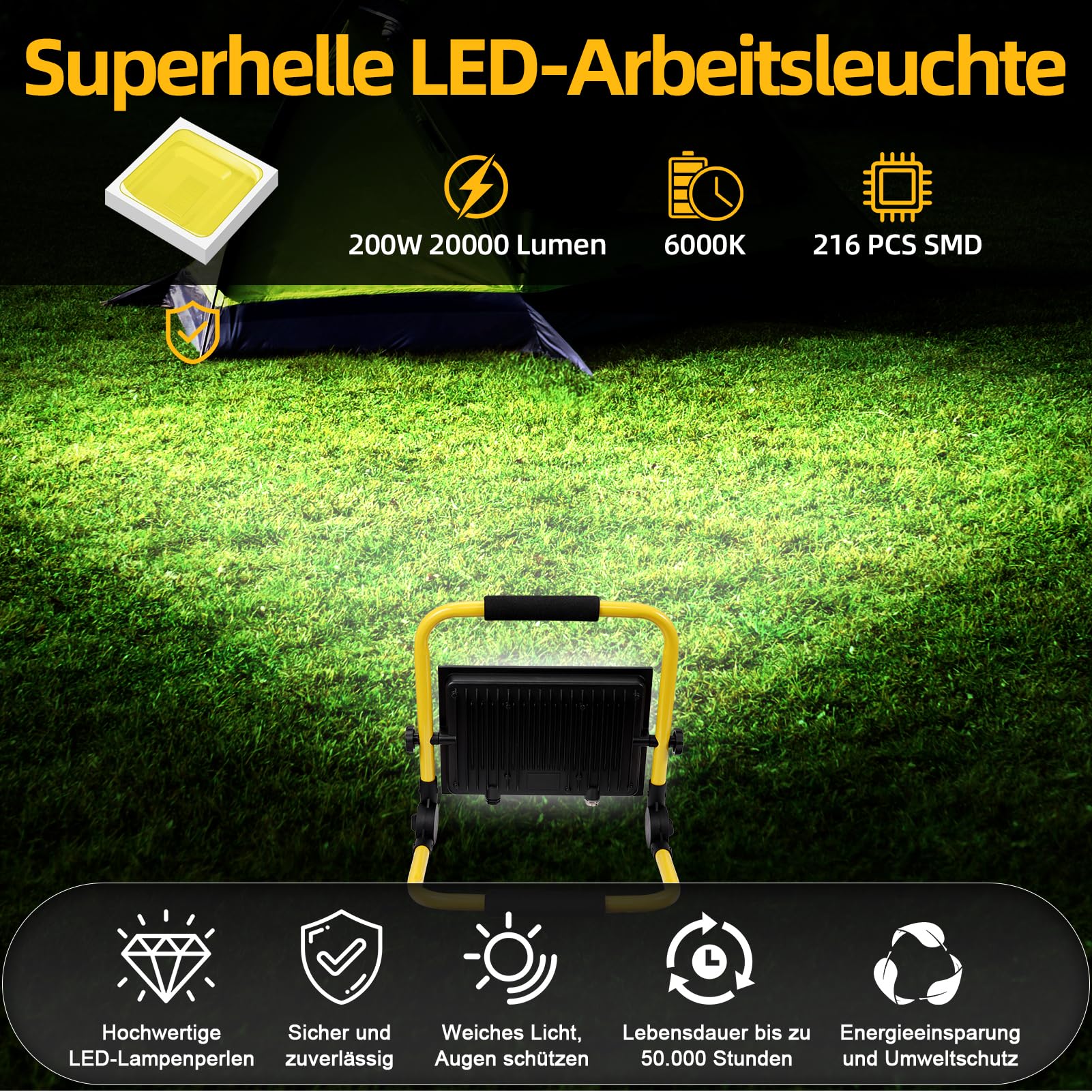 Faretto LED da Cantiere 200W,20000LM 6500K Bianco freddo Faro LED Portatile,Lampada da Lavoro con Spina,IP65 Impermeabile Faretti LED per Edilizia Officina Campeggio Garagefaro led esterno