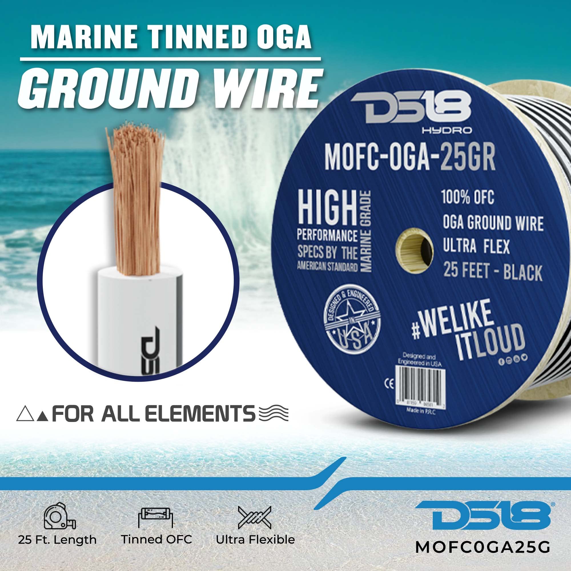 DS18 Hydro MOFC0GA25G Marine Wire 0 Gauge 25 ft Tinned 100% OFC Oxygen-Free Copper Marine Grade Black & White Amplifier Amp Power/Ground Cable 25 Feet UltraFlex