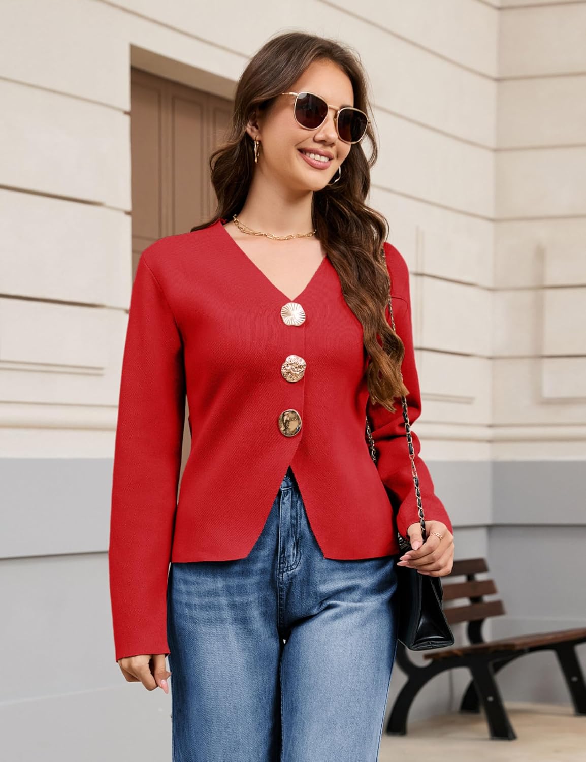 Daacee Cropped Cardigan Sweaters for Women V Neck Long Sleeve Gold Button Down Knit Cardigans Tops Outwear - Image 2