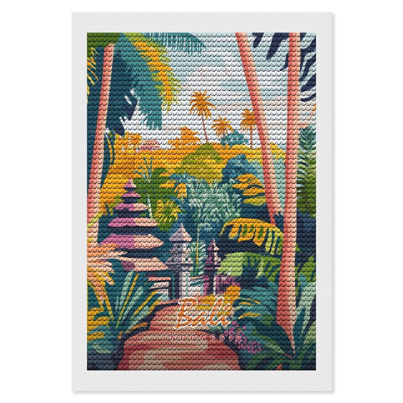 Junmoney Bali Temple Landscape DIY Diamond Art Canvas Kit 8"x12", for Teens, Finish and Display, Holiday Gift Idea, Vintage Style Decor