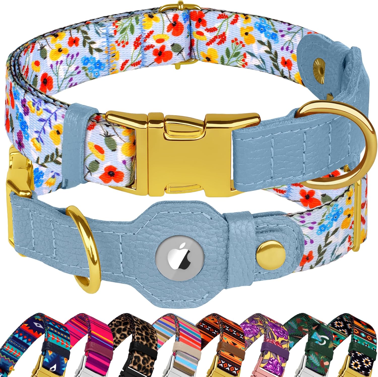 AirTag Dog Collar for Small Medium Large Breed - Adjustable Cute Pattern Dog Collar with Airtag Holder - Soft Leather Tracker GPS Apple Air Tag Pet Collars (Medium, 14"-18" Neck Fit, Floral)