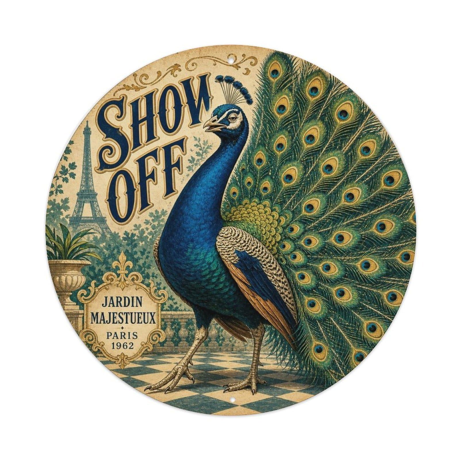 Okngb Style Peacock Playful Pose Comic Bird Vintage Cartoon Rustic Metal Tin Sign Plaque Wall Decor For Cafe, Man Cave, Club Bar, Office, Home Garden Round Metal Poster 8X8inch