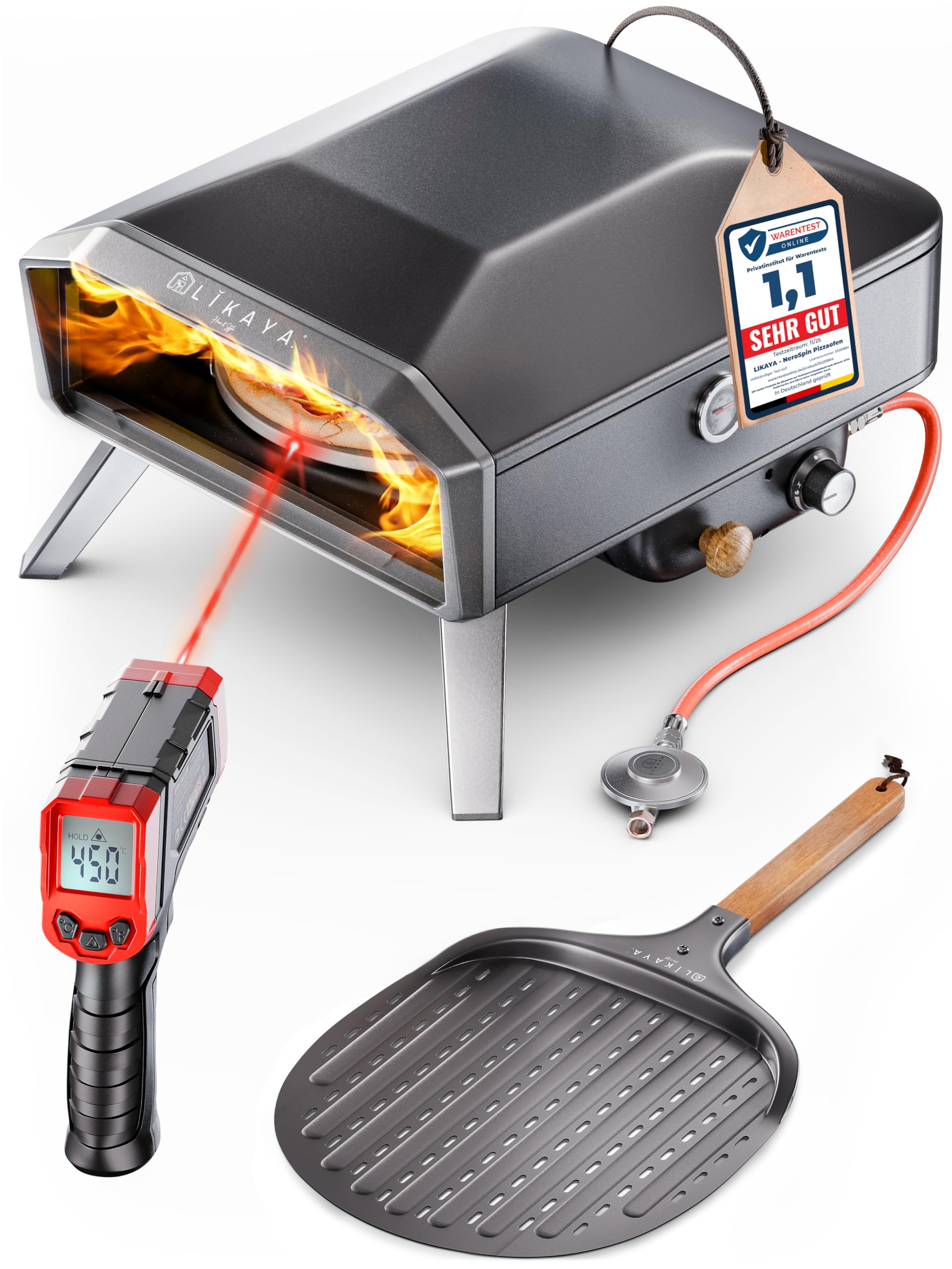 NeroSpin Pizzaofen 12” All-in-one Set – 6,2kW Gas Pizza Ofen 450°C für außen mit drehbarem Pizzastein, Pizzaschaufel, Tasche & Laser Thermometer – knusprige Pizza in nur 90 Sekunden!