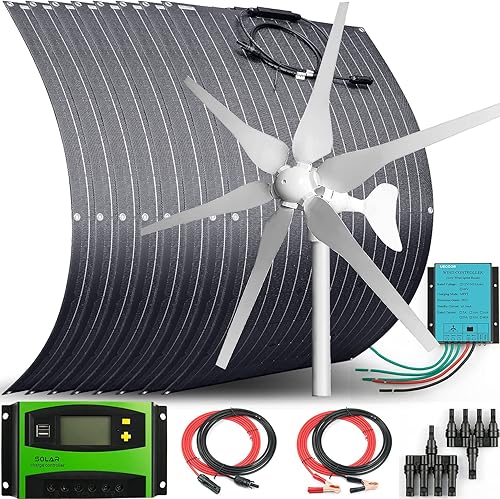 AUECOOR Generador de turbina de viento de panel solar de 1200 vatios con kit de 6 cuchillas Sistema híbrido 8pcs 100W ETFE Flexible Monocristalino