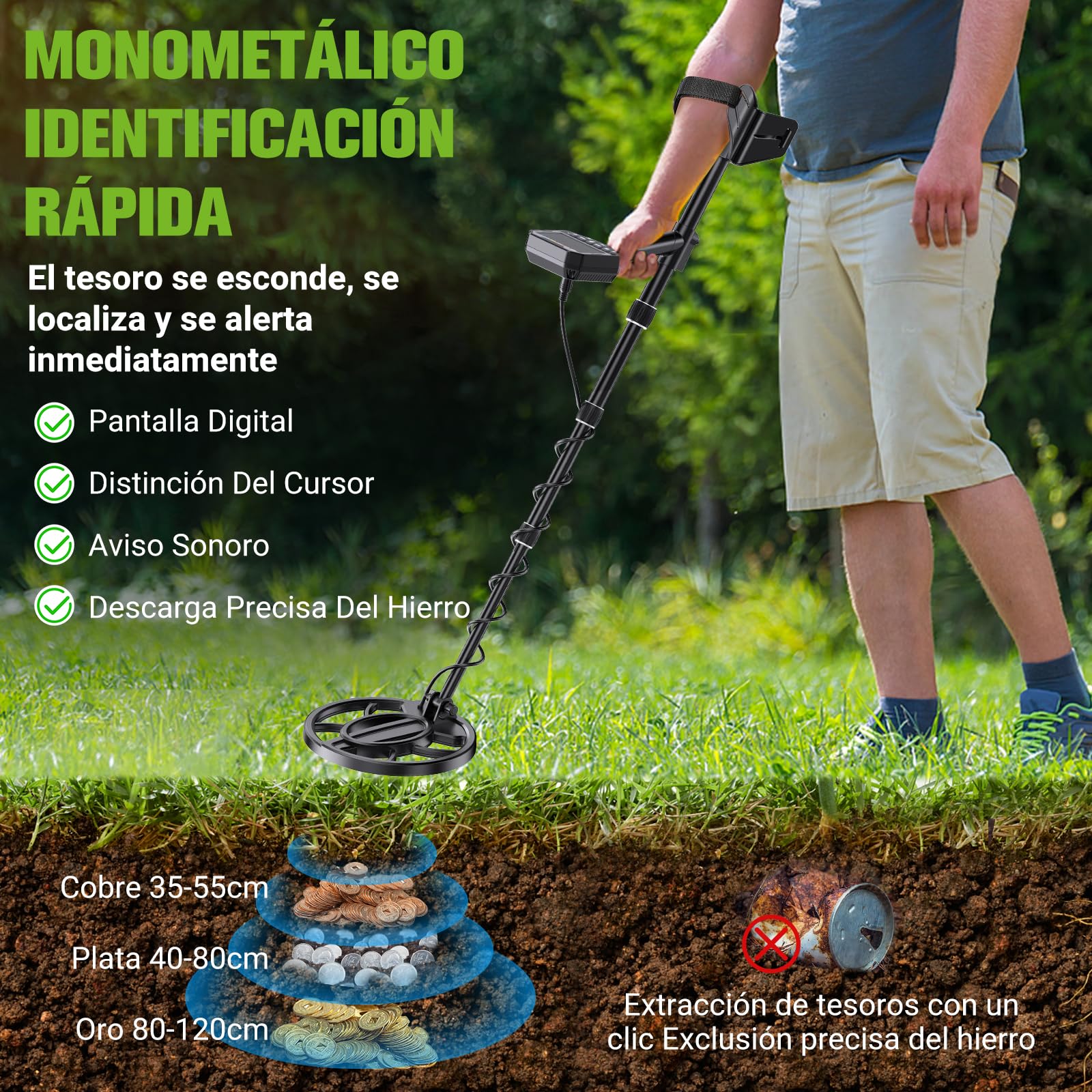 Detector de Metales,Metal Detector para Niños y Adultos 5 Modos IP68 Waterproof Coil Detector de Metales Profesional con Auriculares, Pala Excavadora y Mochila