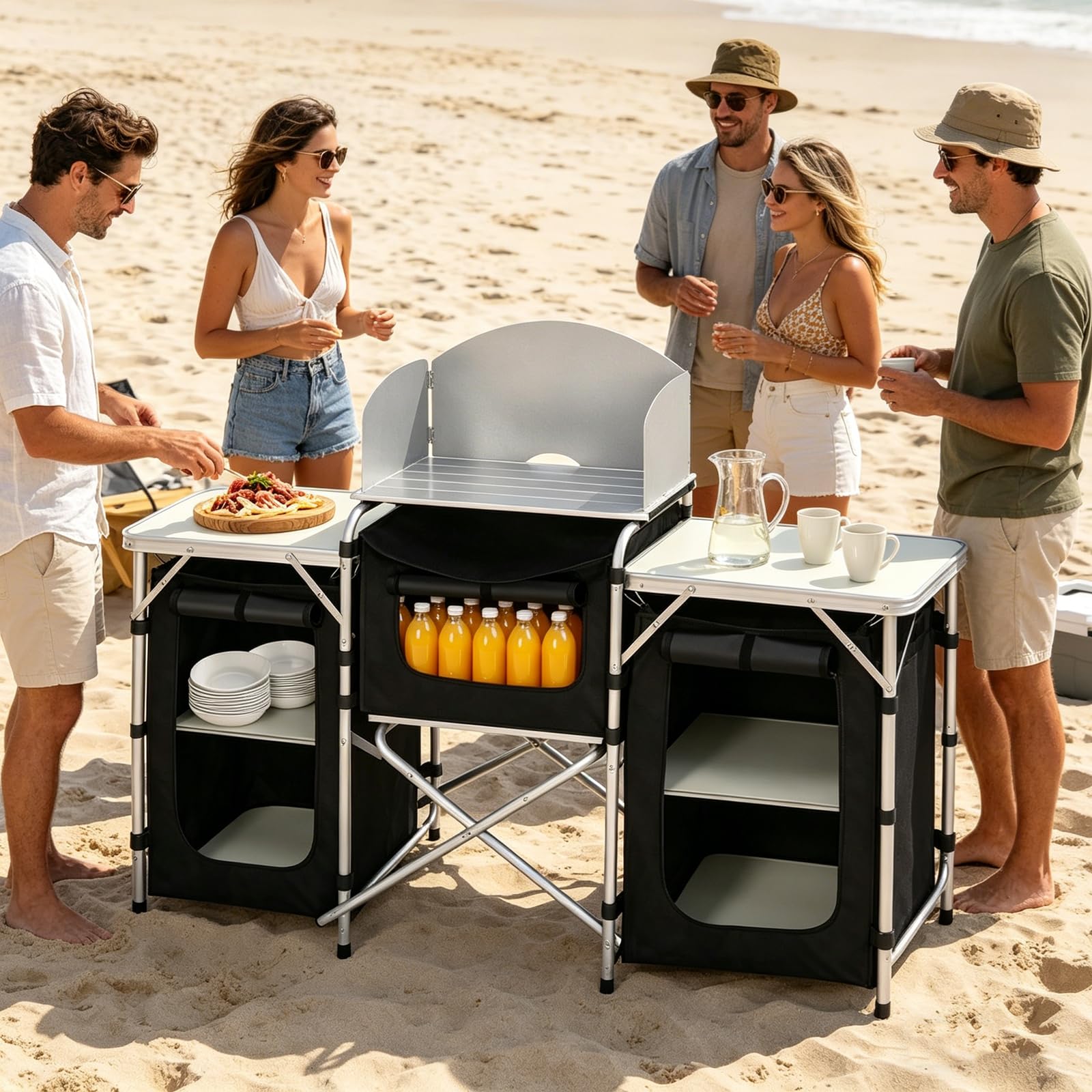 Faltbare Campingküche mit Aluminiumgestell, 5 Fächer & 3 Tischflächen, Stabiler Campingschrank aus 600D Oxford-Stoff, Windschutz Outdoor Küchenbox mit Tragetasche - Typ A