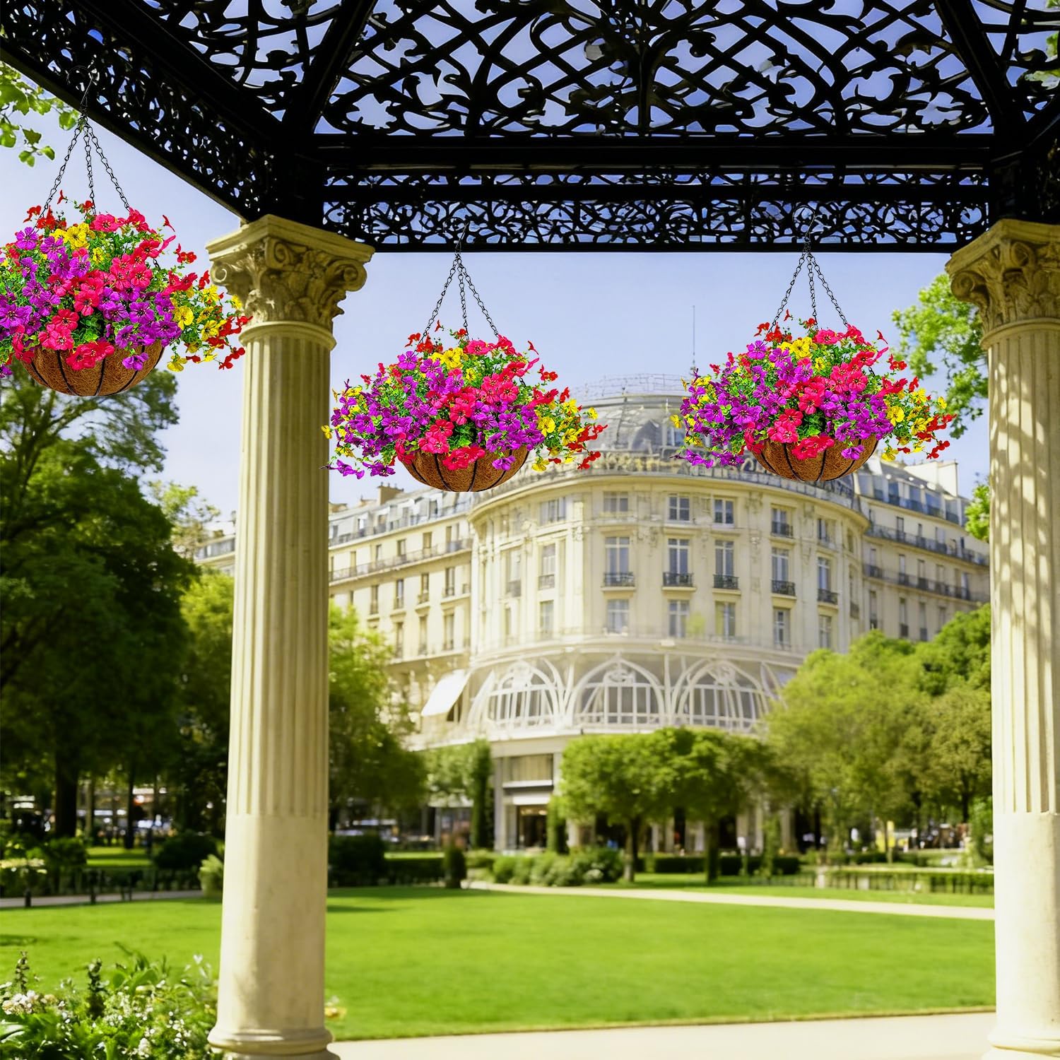 Artificial Faux Hanging Plants Flowers Basket for Spring/Summer Outside Decoration,Outdoor Flowers with Hanging Basket/Planters UV Resistant Colorful Daisy Eucalyptus for Porch Home Patio Balcony Yard - Image 2