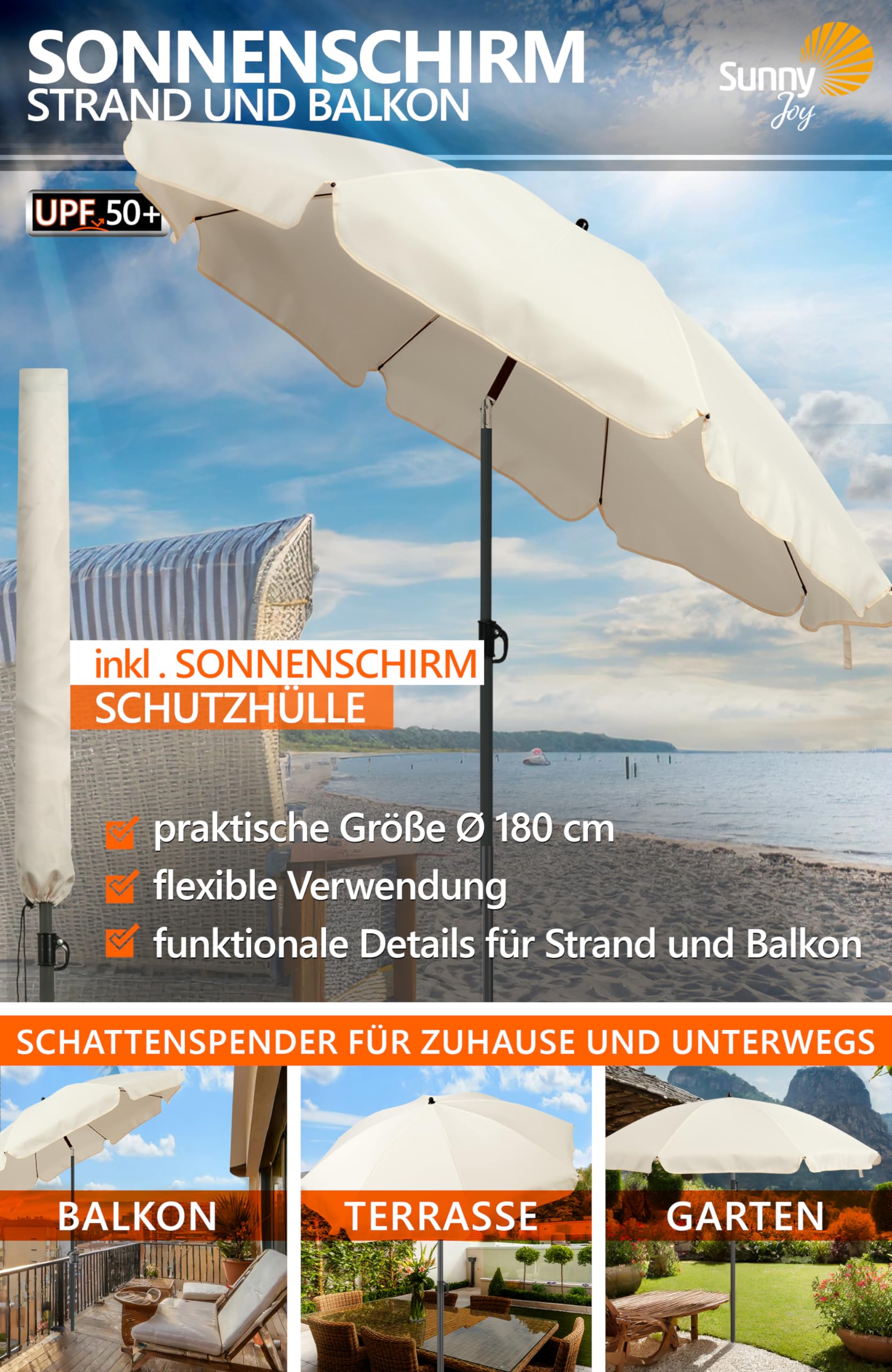 4smile Sonnenschirm Balkon Ø 180cm, Beige - Sonnenschirm Strand mit Hülle - Balkonschirm mit Knickfunktion, UPF 50+ Gartenschirm, Strandschirm windfest stabil SunnyJoy
