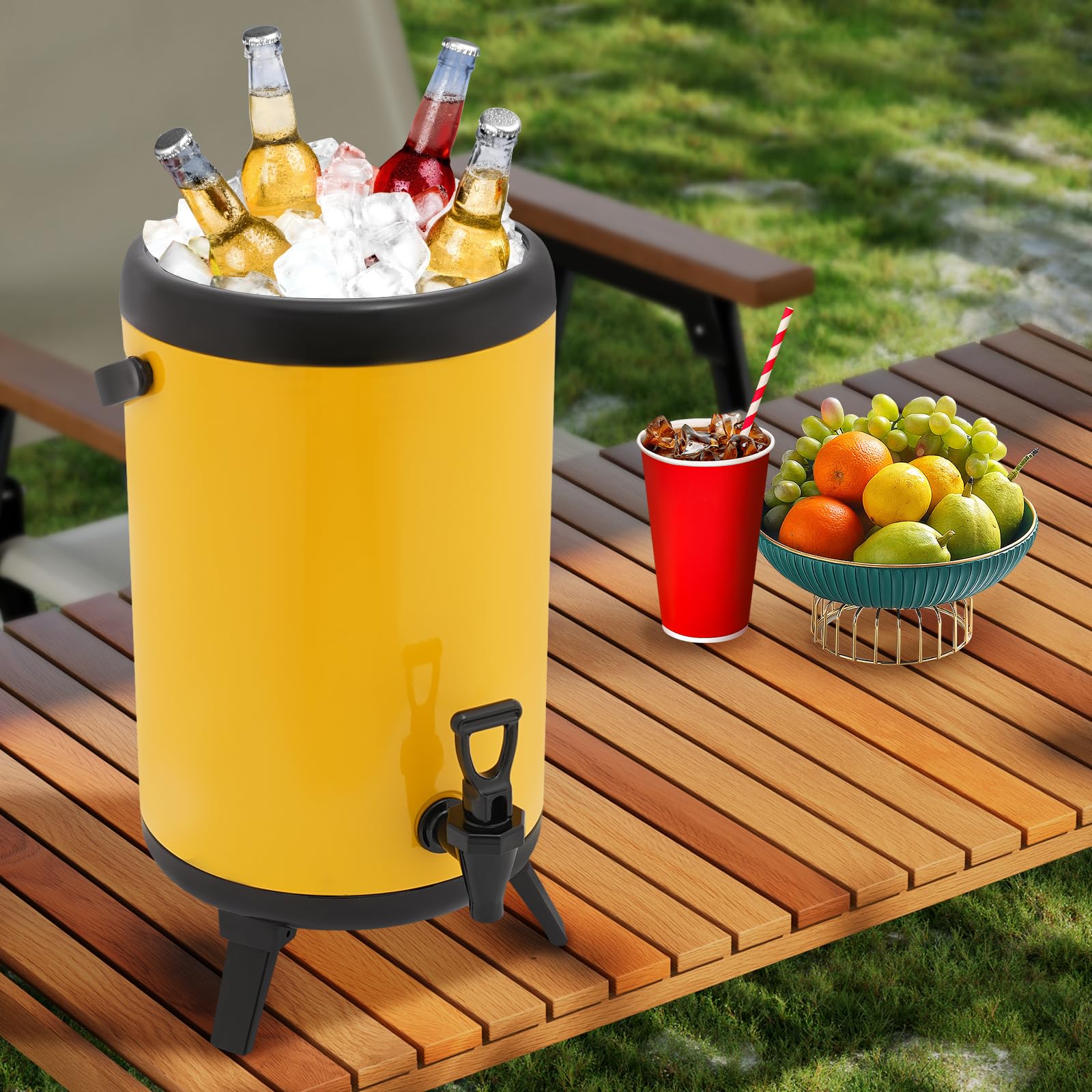 Distributore di bevande isolato da 10 l, per bevande calde e fredde, in acciaio inox, con perni, caraffa termica, contenitore per tè, caffè, succo (giallo)