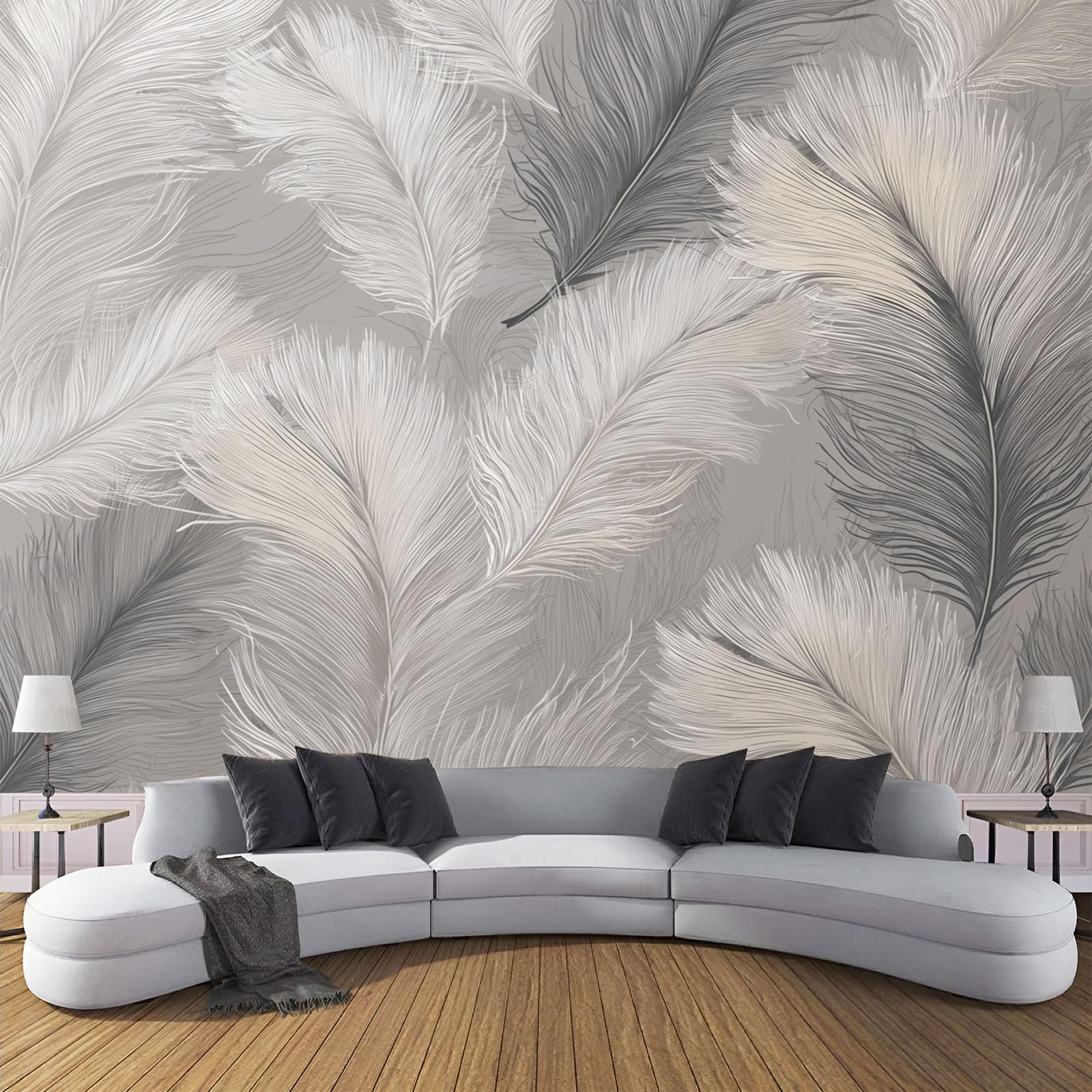 Carta da Parati Piume Eleganti 400x280cm - Fotomurali in Seta Stile Di Lusso Decorazione da Muro XXL Poster Gigante Design per Per Soggiorno Tv Sfondo Muro Decorazioni, Grigio Chiaro
