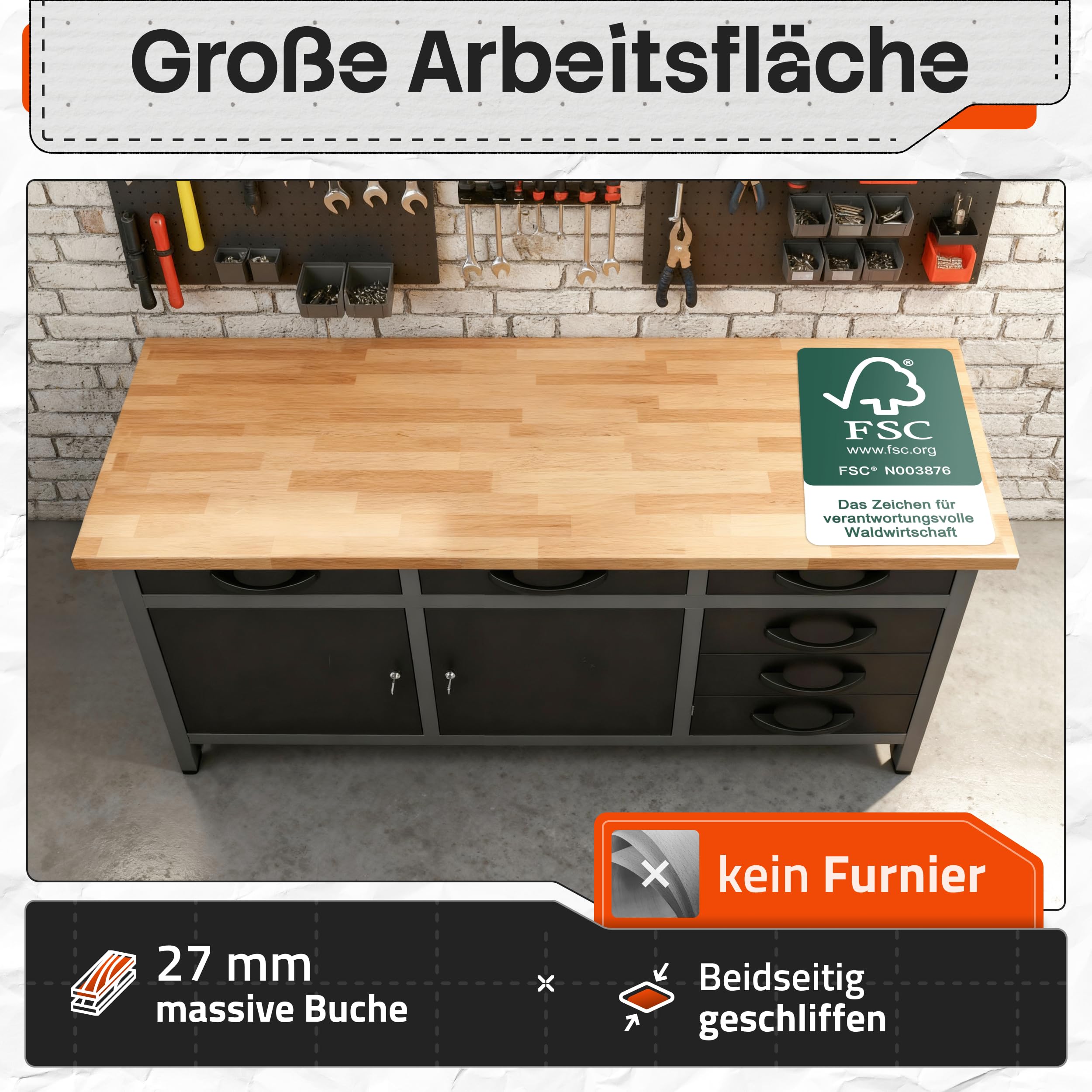 Ondis24 Werkbank Karsten Werktisch Packtisch 6 Schubladen Werkstatteinrichtung 160 x 60 x 85 (H) cm Buchenholzarbeitsplatte, Metall bis 510kg belastbar