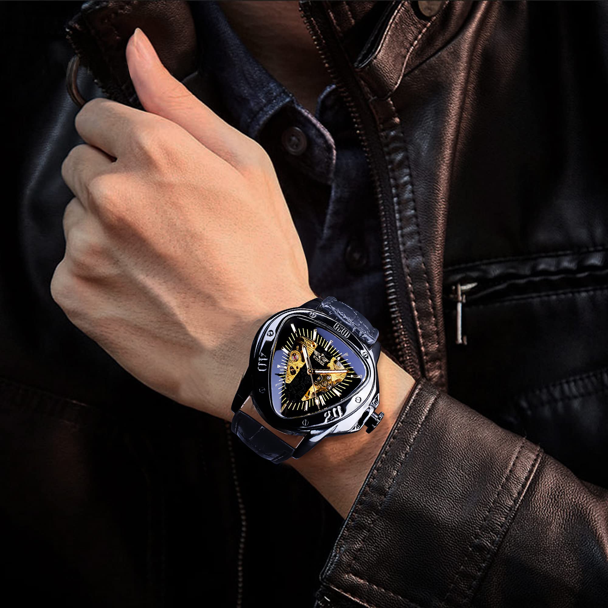 Winner Fashion mechaniczny zegarek na rękę trójkątna tarcza wyścigowa, wodoodporny złoty szkielet tarcza automatyczny mechanizm skórzany design mechaniczny zegarek dla mężczyzn