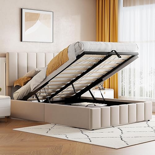 Miniatura 123 de Base de cama LED tapizada tamaño Queen, plataforma flotante de terciopelo con cabecero, MDF moderna y cama de madera contrachapada (beige-081)