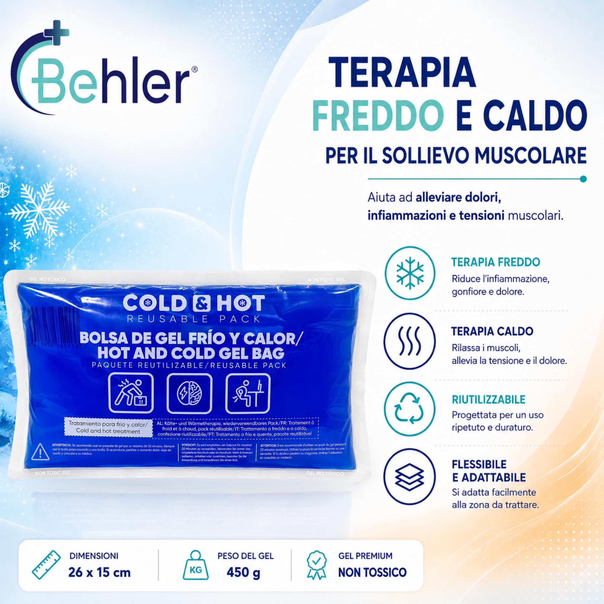 Ghiaccio Gel Riutilizzabile (26 x 15 cm) - Compressa fredda calda - Multifunzione - Ideale per Terapie, Dolori Muscolari, Febbre e Lesioni Sportive - Adatta per Frigorifero e Microonde.