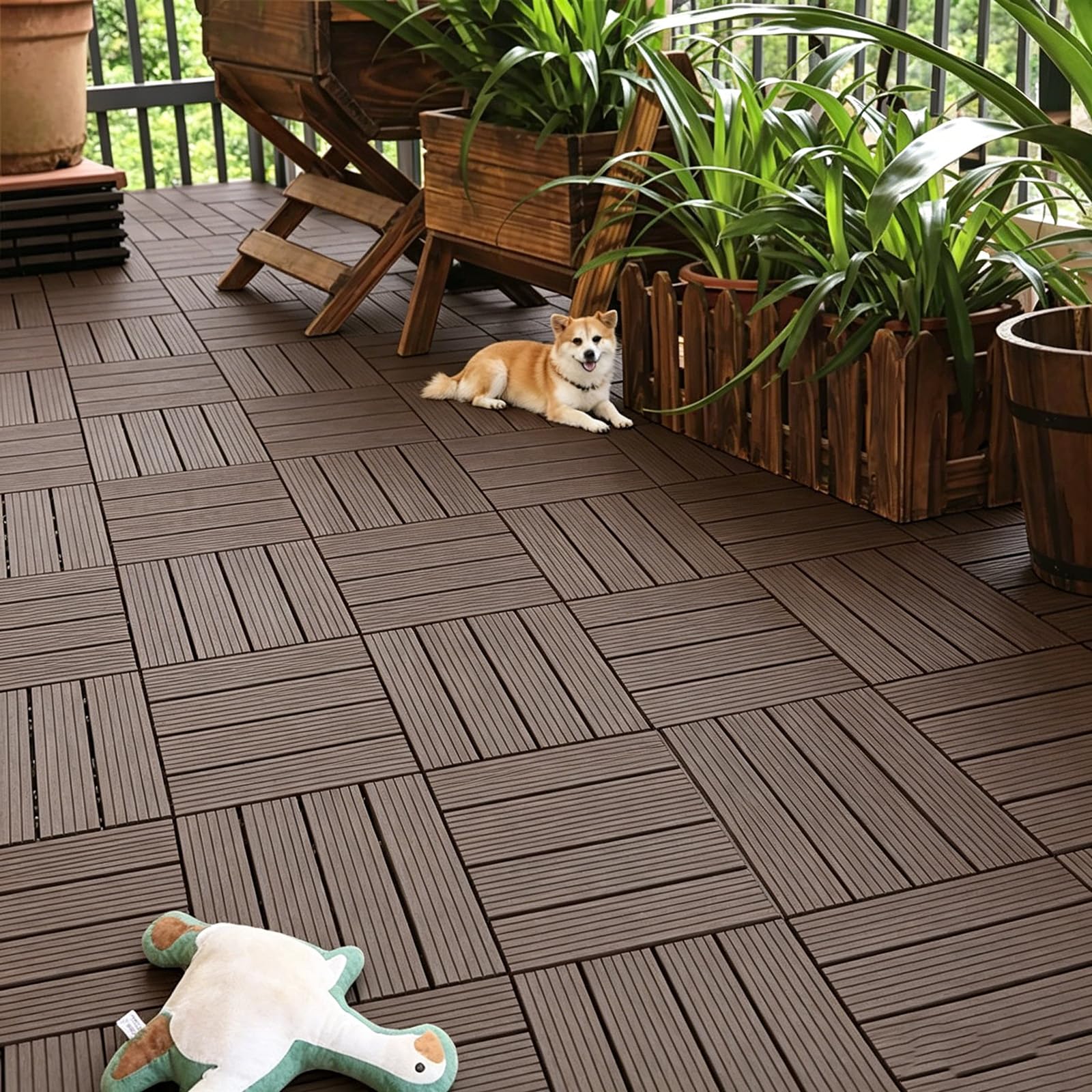Zestaw 22 płytek tarasowych WPC 30 x 30 cm, grubość 29 mm, płytki na klik o wyglądzie drewna i drenażu, odporne na warunki atmosferyczne płytki podłogowe z tworzywa sztucznego, na balkon