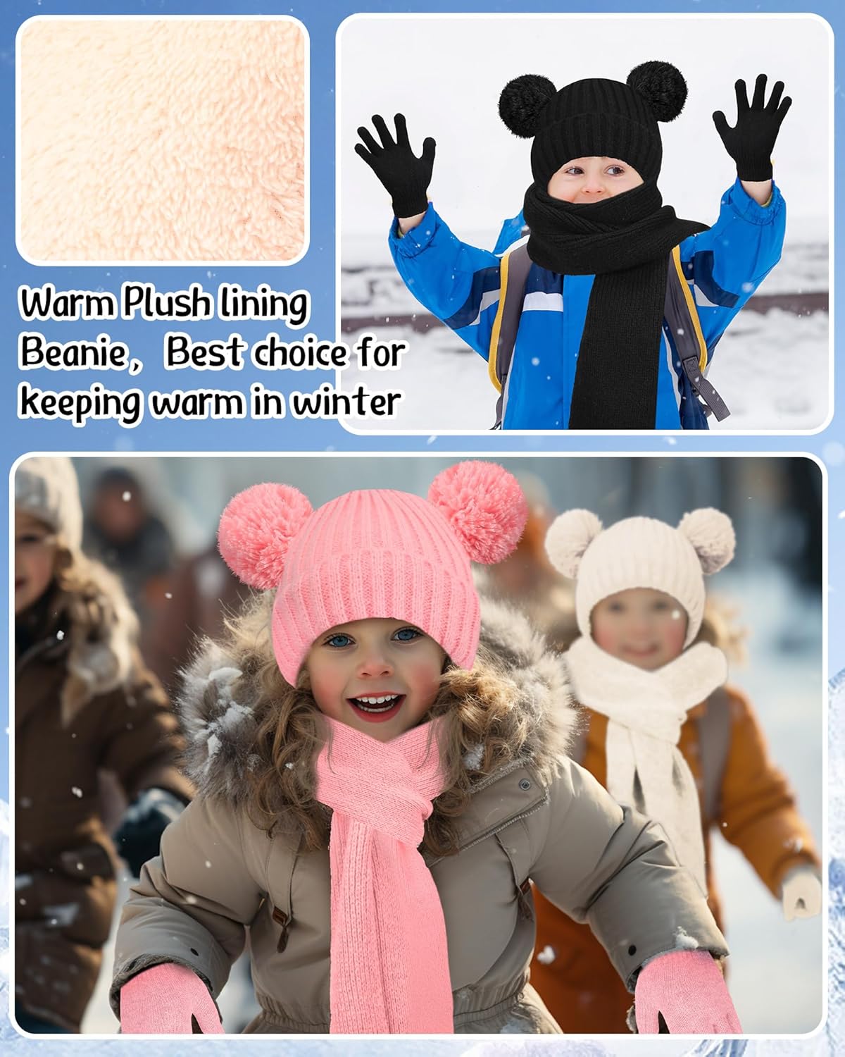 JaGely 18 Pcs Kids Knit Winter Hat Gloves Scarf Set Warm Knitted Fleece Lined Pom Pom Beanie Scarf Mittens for 5-13 Years Old - Image 5