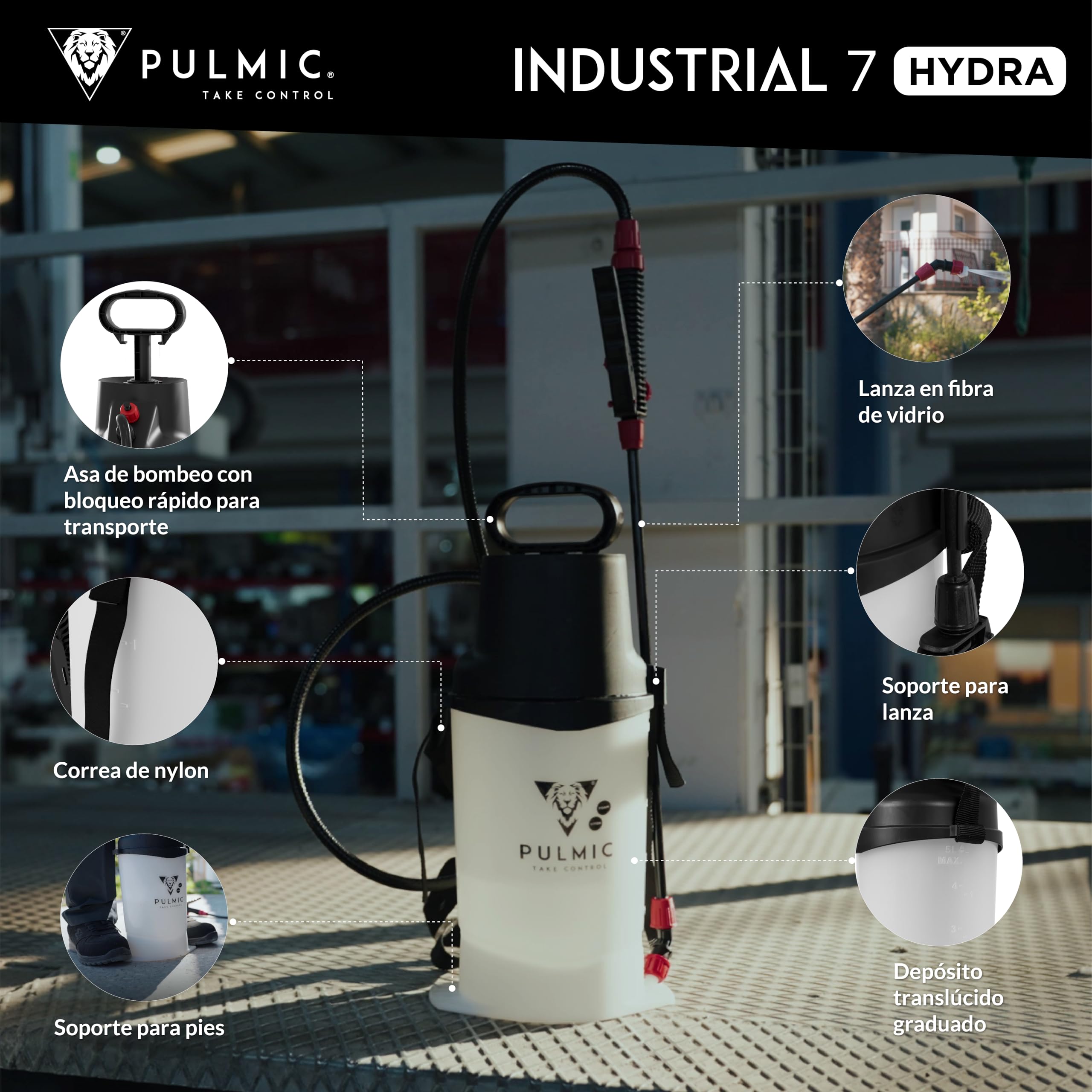 Pulverizador Industrial 5L PULMIC 7 Hydra – Pulverizador de Presión Previa con Espuma y Spray, Boquillas Intercambiables, Lanza Fibra de Vidrio, Uso Profesional Limpieza y Jardinería