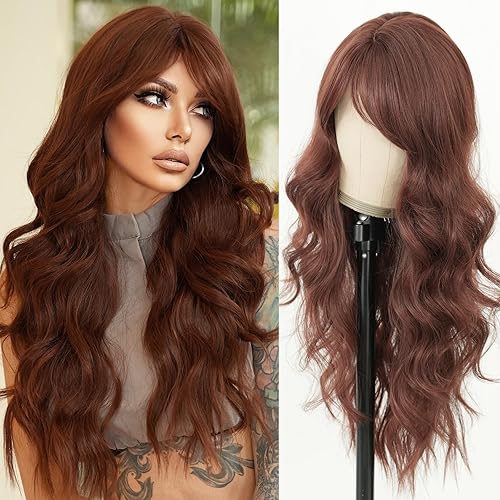 PARK YUN Pelucas largas y onduladas de color marrón rojizo con flequillo, de 28 pulgadas, con raya lateral, cortina con flequillo, resistente al