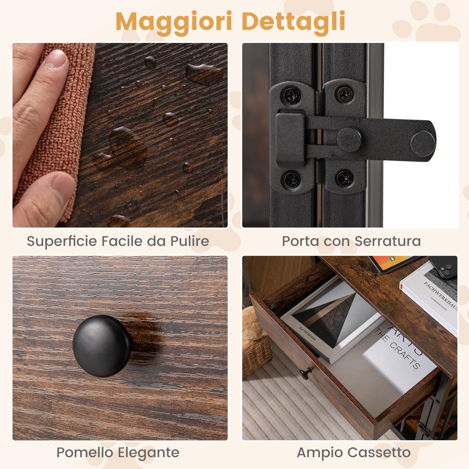 COSTWAY Gabbia per Cani con Stazione di Ricarica e Armadietto Multiuso | Cuccia per Cani in Legno con 2 Prese AC, 2 Porte USB e 1 Porta Type-C, Cassetto e Tubi Metallici, 81 x 37 x 115 cm