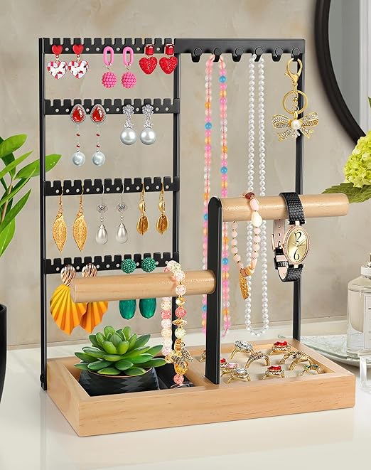 Godboat Jewelry Holder Organizer, 4-Tier Earring Holder with 48 Holes, 6 Hooks Necklace Holder, Removable Bracelet Holder, Gifts for Women, Mom, Mothers Day, Cool Preppy Stuff and Room Decor, Black