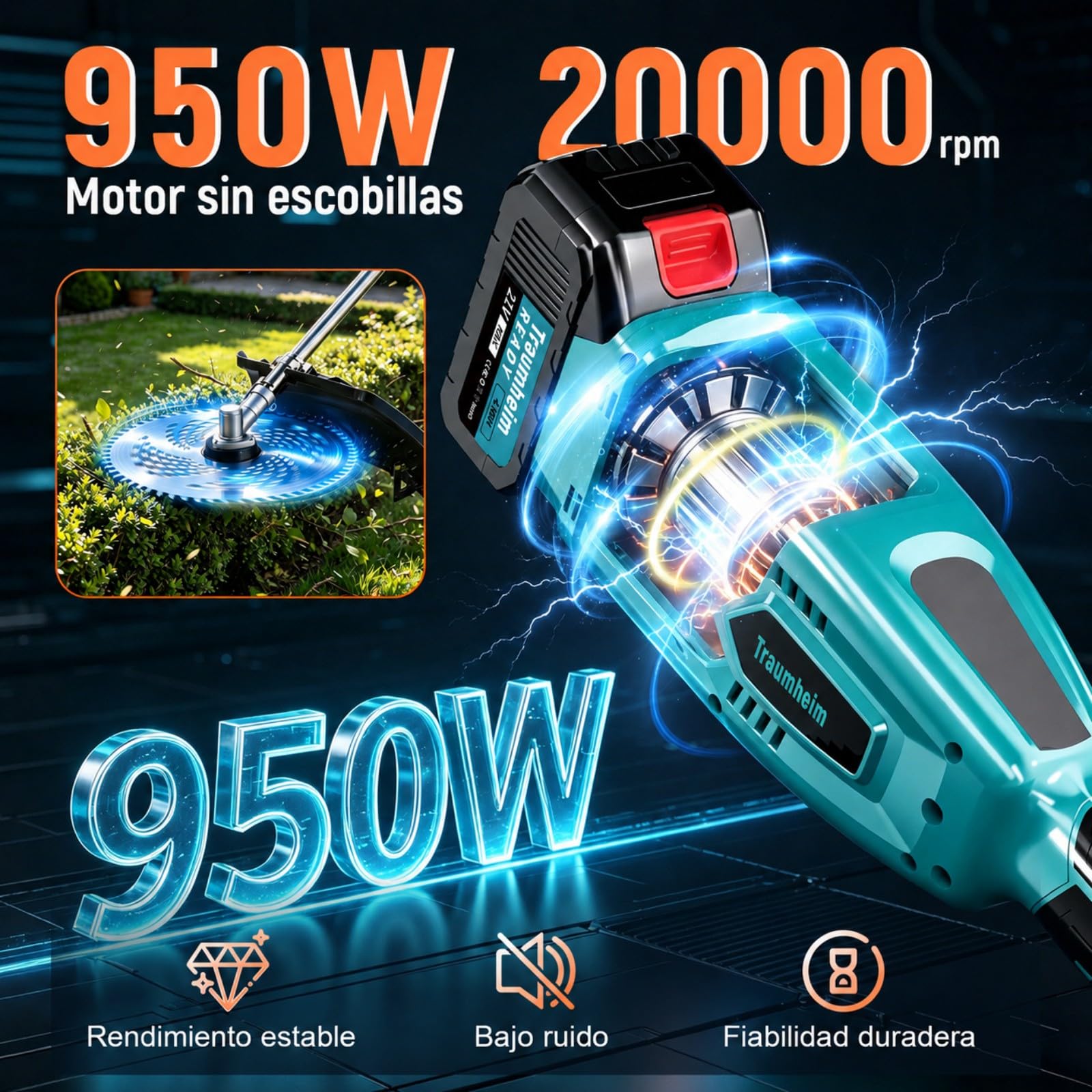 Recortador inalámbrico Traumheim 4-en-1 para Makita 950W | Motor sin escobillas, cepillo para malezas de 15 cm, sistema Tap&Go, tubo alargado, incluye 2 baterías de 4,0 Ah