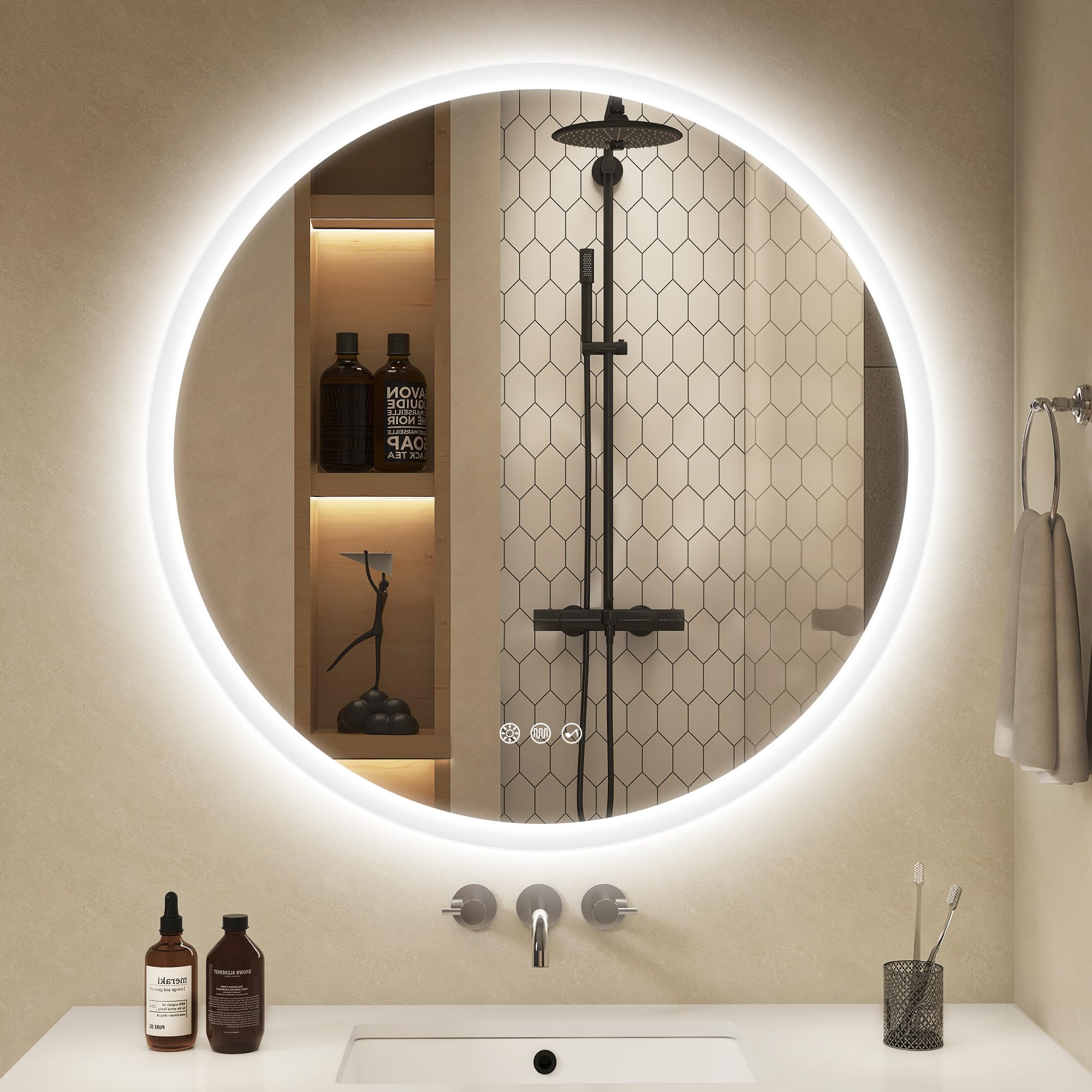 S'bagno Badkamerspiegel met verlichting, 80 cm, ronde spiegel met