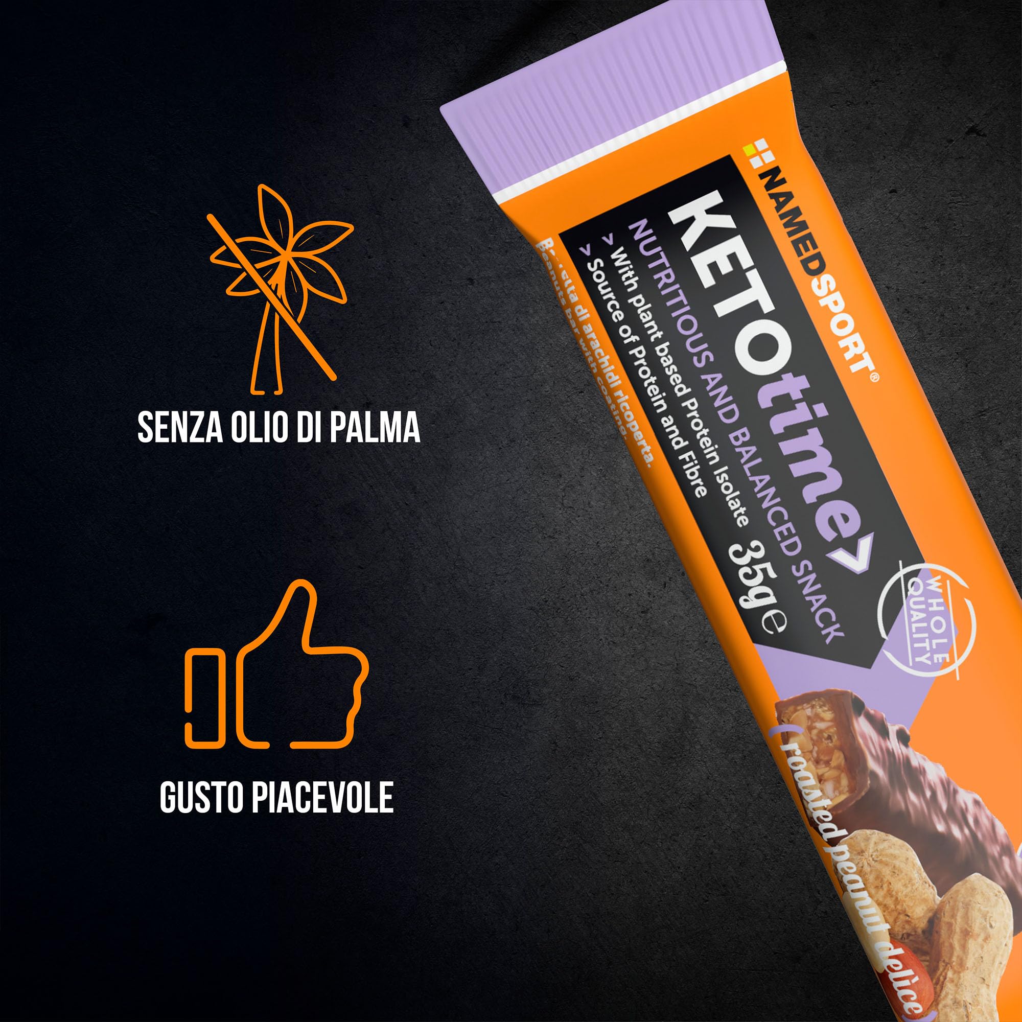 NAMEDSPORT> KETOTIME> deliziosa Barretta Keto a ridotto apporto di zuccheri, ricoperta di cioccolato e con vere arachidi tostate, Perfetta come Spuntino, Confezione da 15 barrette.