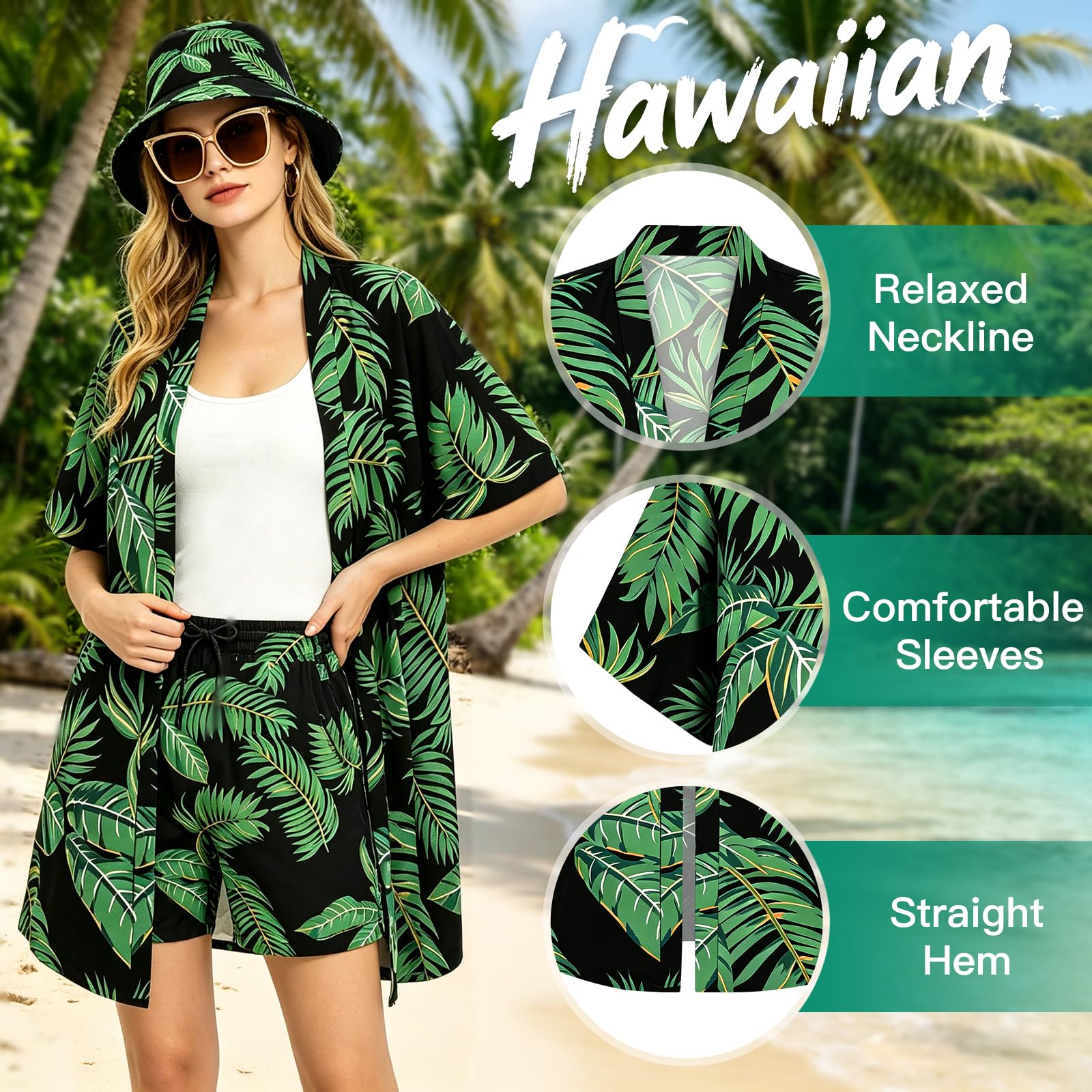 Camisa Hawaiana Mujer, Conjuntos de Verano para Mujer Camisa de Manga Corta, Pantalones Cortos, Sombrero y Gafas de Sol, Conjunto Hawaiano Mujers para Veraniego Tropical Estilo