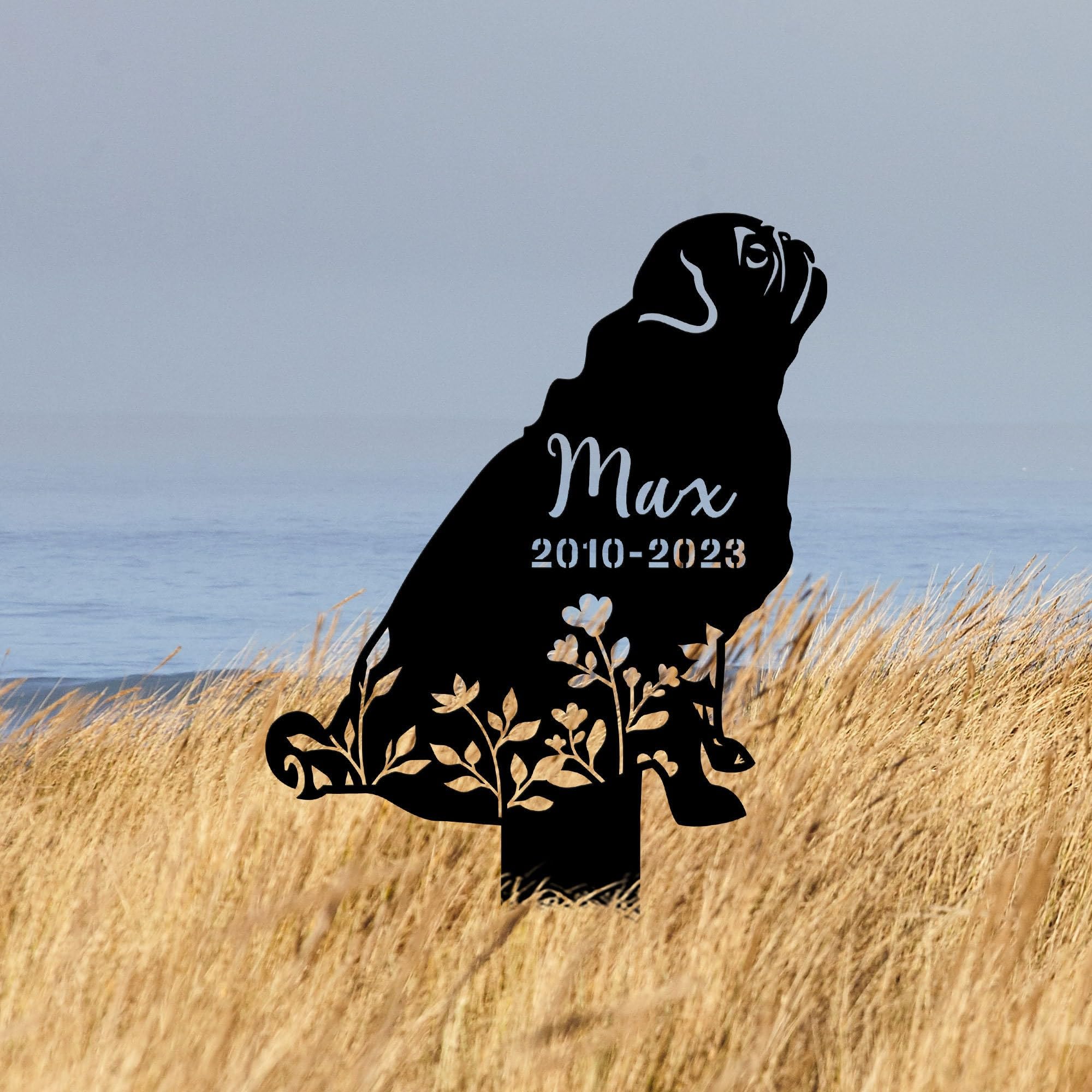 Personalised Floral Dog Yard Stake Pugs Dog Garden Stakes Pet Grave Markers Dog Silhouette Metal Sign Garden Decor Dog Lover Gifts Memorial Plaque Bereavement Gifts Engraved Plaques