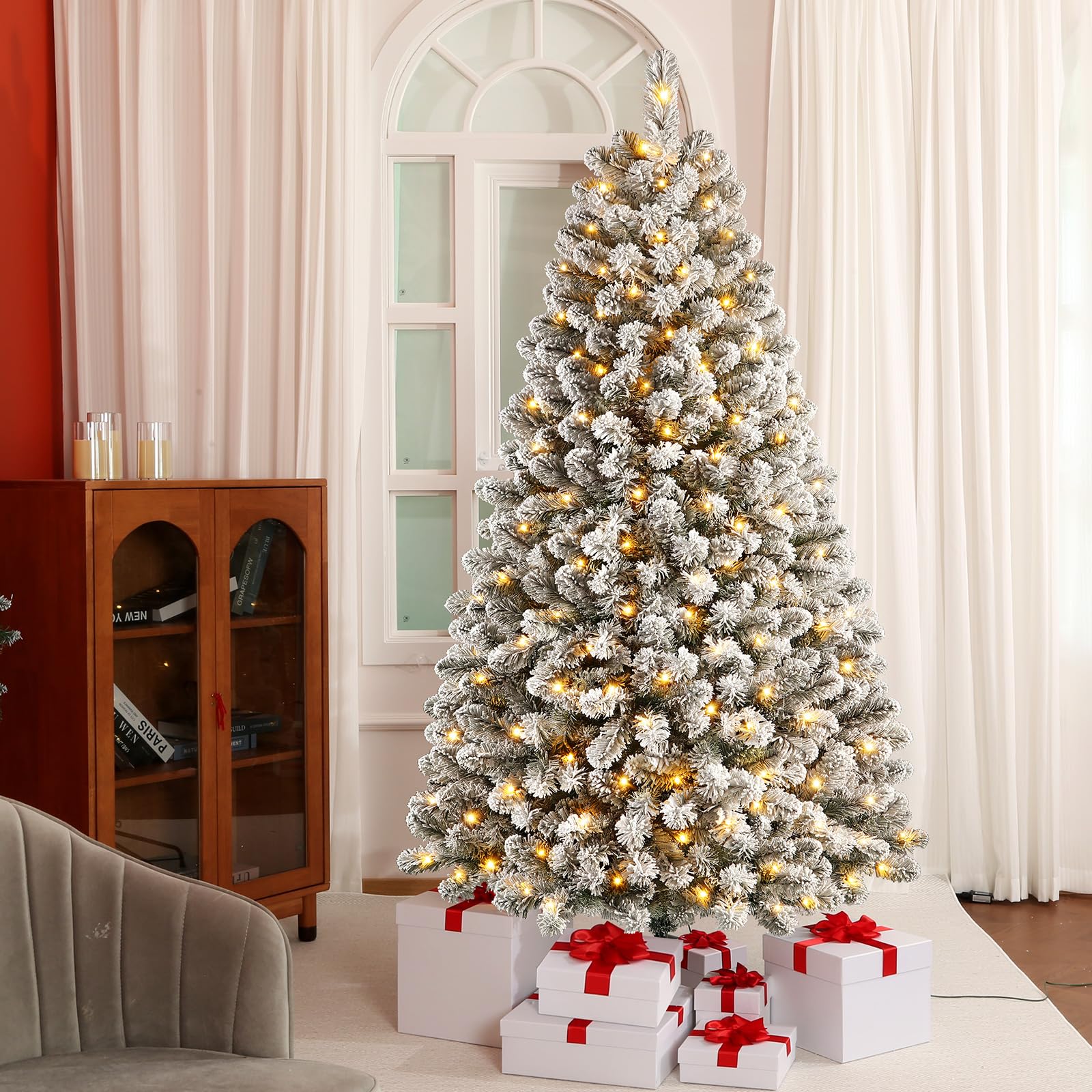 SHareconn Albero di Natale Artificiale 210cm Neve e Luci LED 320 LED Bianco Caldo, 8 Modalità, Pieghevole & Antifiamma