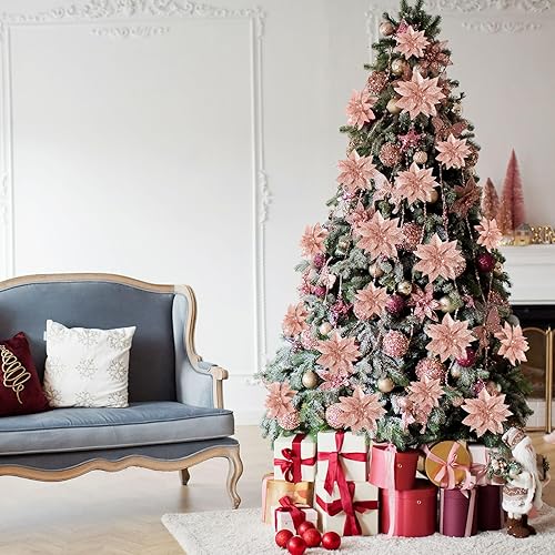 Miniatura 6 de Chunyin 24 Piezas Flores de Pascua Artificiales de Navidad, 6" 4" 3" Adornos de Flores de Pascua con Purpurina con Clip para Decoraciones de Árbol