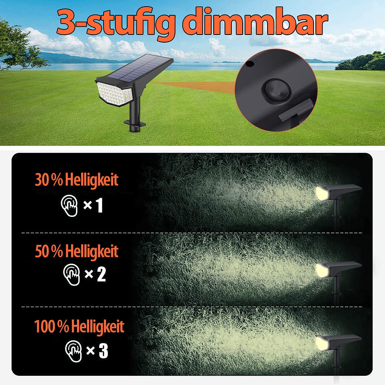 Luminea Set di 2 faretti solari da giardino a LED ad alta potenza, 650 lm, IP65, luce bianca calda (picchetto solare da giardino, illuminazione solare per terrazze, lampada da giardino)