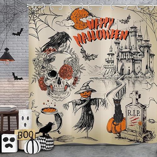 Cortina de ducha de Halloween, espantapájaros diablo, calavera, calabaza, gótico, vintage, cortina de baño, cortina de baño de tela impermeable con