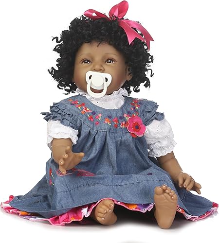 NPK 22inches Reborn bebé recién nacido muñeca afroamericano niña vinilo de silicona suave realista hecho a mano ponderado vestido vaquero de bebé