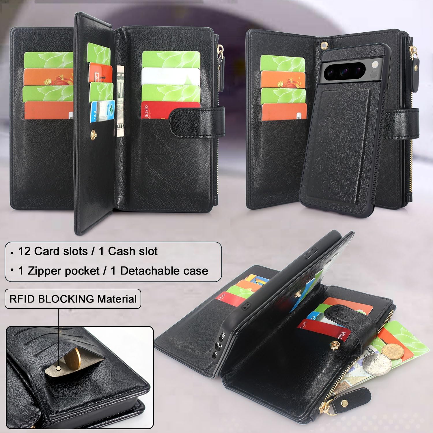 Compatible with Google Pixel 8 Pro 5G Wallet Case with RFID Blocking Card Slots Detachable Removable Phone Cover Cash Coin Zipper Pocket Wrist Strap (Black)