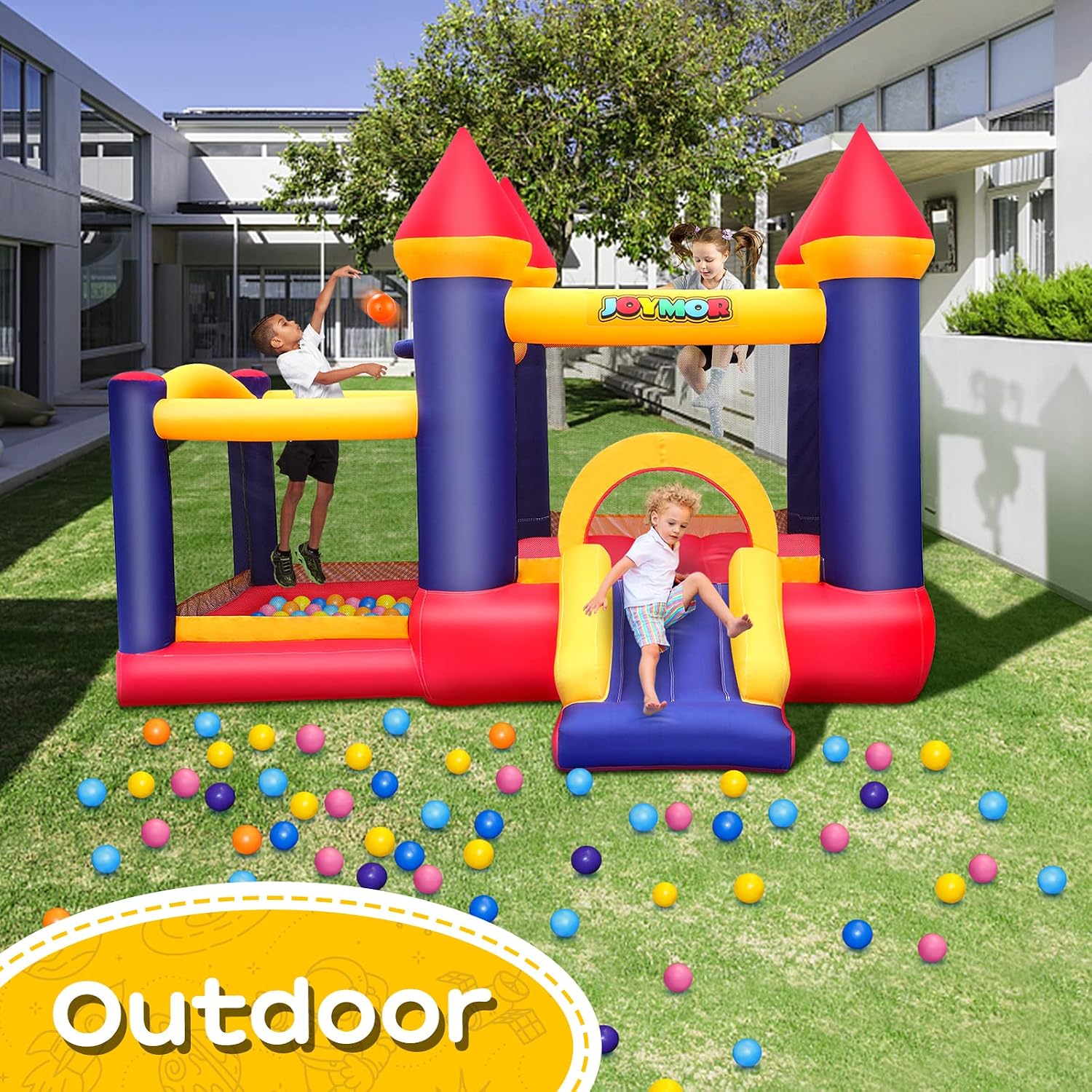 JOYMOR Inflatable Bounce House for Kids with Ball Pit, Inflatable Bouncing Castle Play Center w/Air Blower Pump, Jump'n Slide Bouncer for Indoor and Outdoor